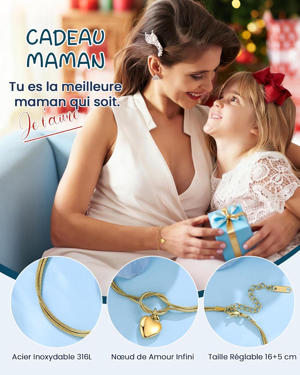 Detalle de VU100 Cadeau Femme – Bracelet Pièce Stone Inox Plaqué Or, Coeur et Infini, Longueur Réglable