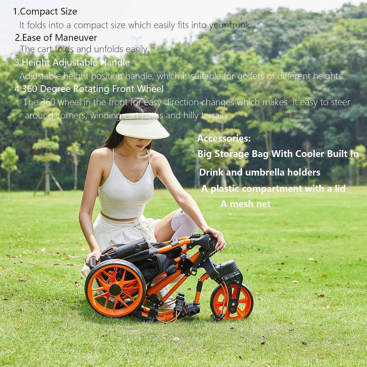 Detalle 2 de FLAGTAG 3-Wheel Golf Push Cart with 360° Swivel Front Wheel, Foldable Design & Foot Brake