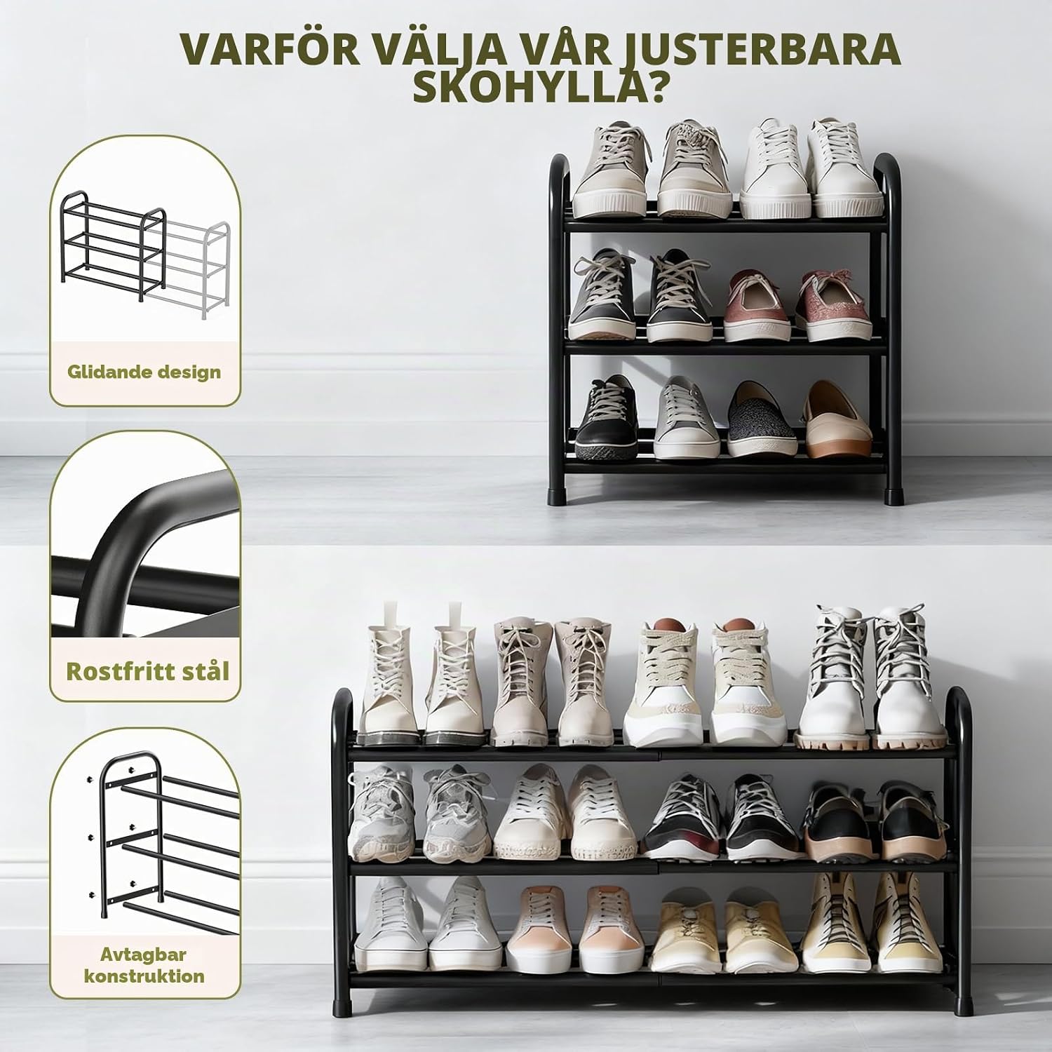 Detalle de Ribech SSXJ-003 utdragbart skoställ i metall, 3 nivåer, 45–80 cm