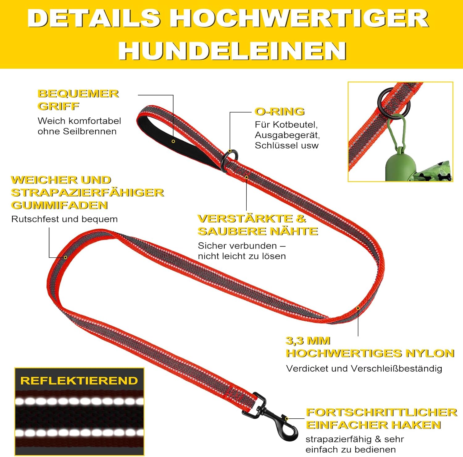 Thumbnail 4 de X XBEN Gumierte reflektierende Hundeleine 20 mm – 2,2 m mit bequemen Griff (Nylon), Orange