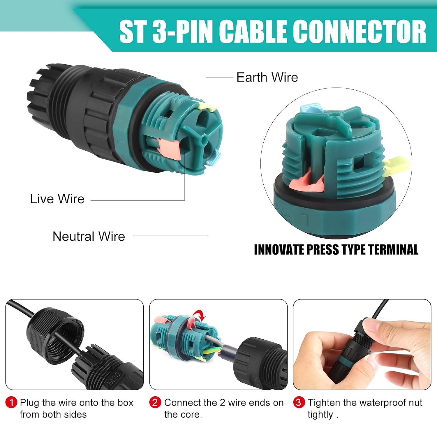 Detalle 2 de GAOUTO 766156647413 IP68 3-pin waterproof cable connector, 5–12 mm