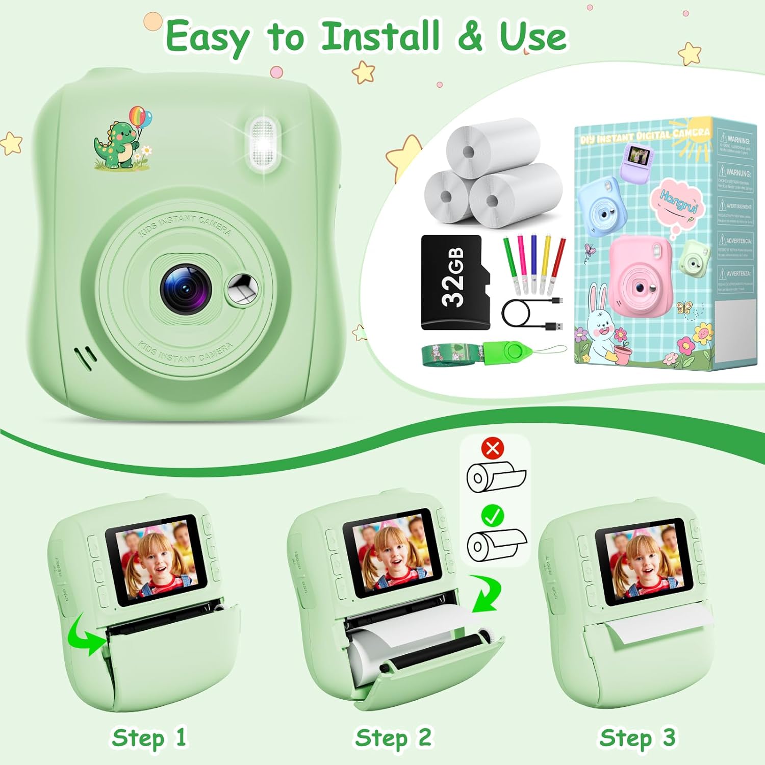 Thumbnail 4 de Hangrui Kids Instant Print Camera (14MP 1080P) with 32GB Card & Print Paper for Dinosaur-Themed Fun