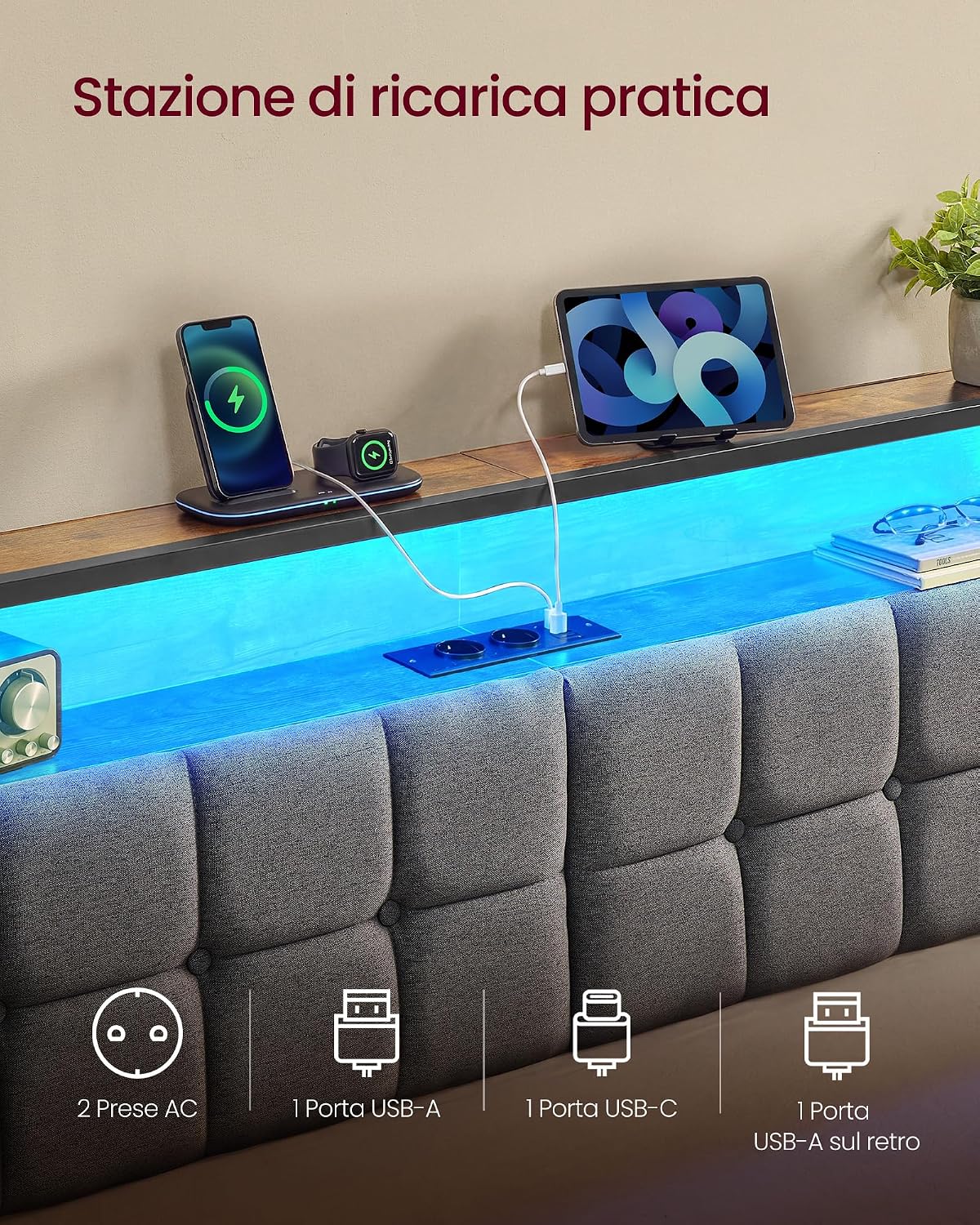 Thumbnail 4 de VASAGLE Struttura Letto Singolo in Acciaio con Luci LED e Prese – RMB122G101, Nero Opaco
