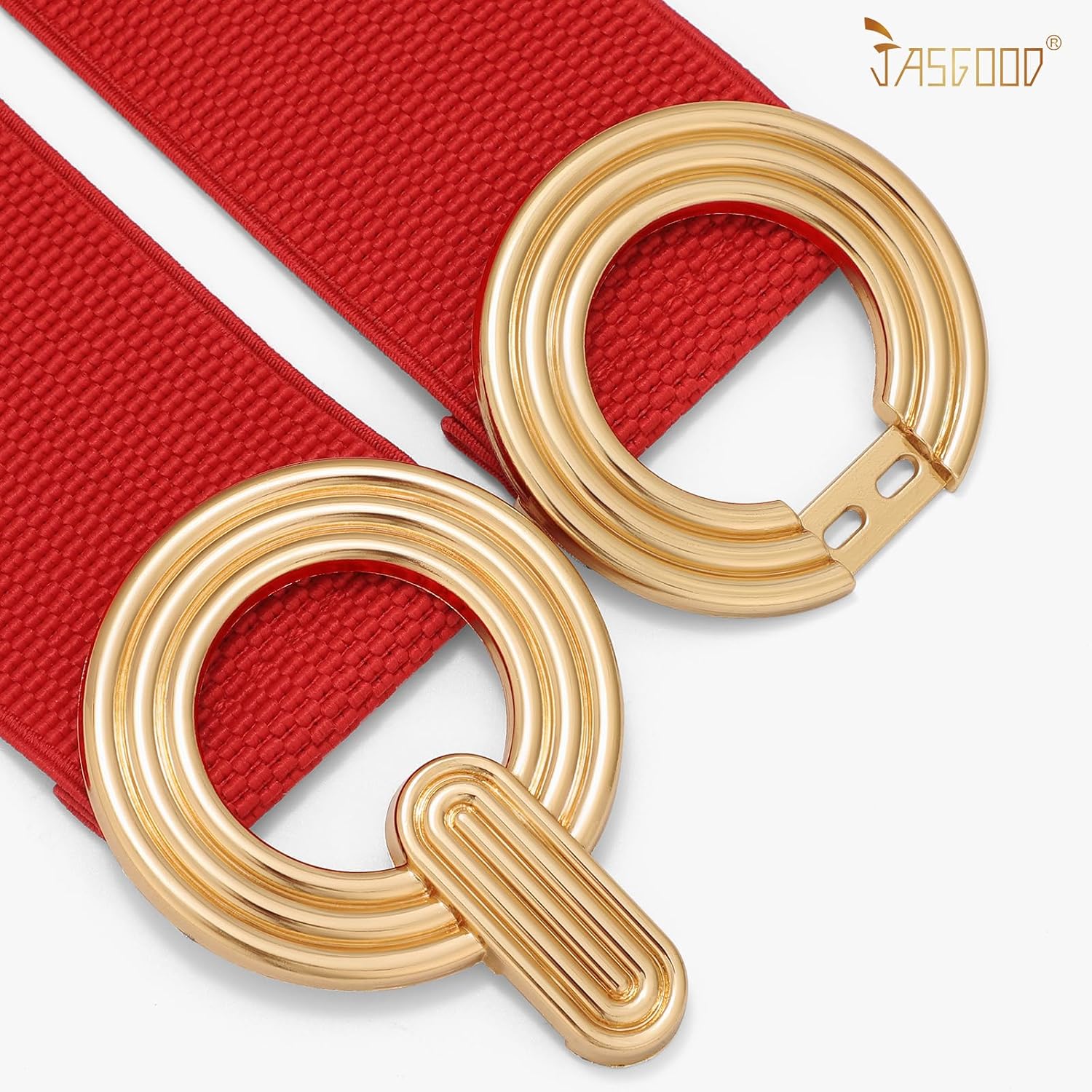 Detalle 2 de JasGood women’s wide elastic belt with gold buckle for dresses and waists