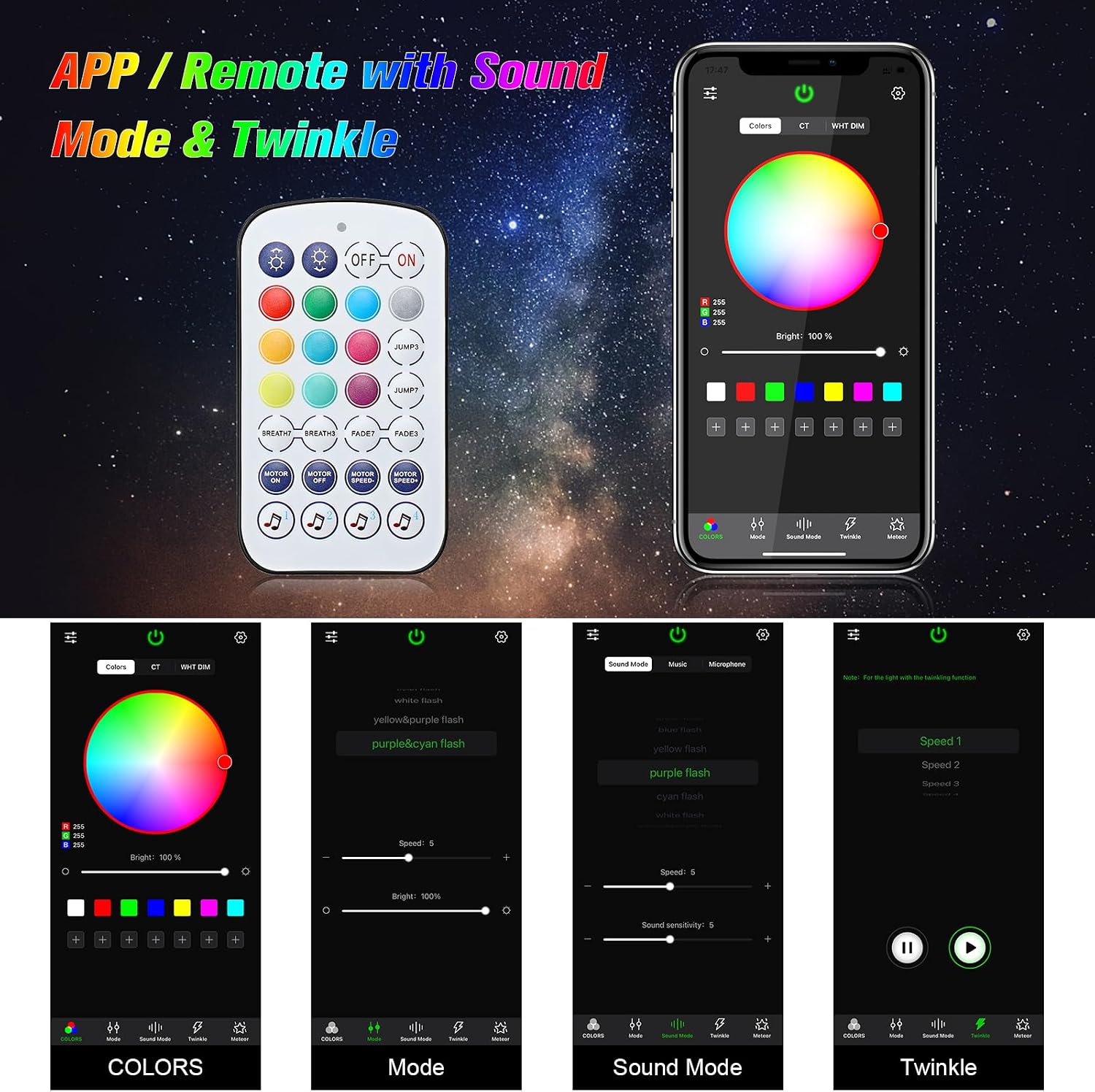 Thumbnail 2 de CHINLY 6W Twinkle Sternenhimmel Glasfaser-Deckenkit mit Bluetooth App, RGBW, Musikaktivierung - 650 Stück 0,75 mm x 3 m