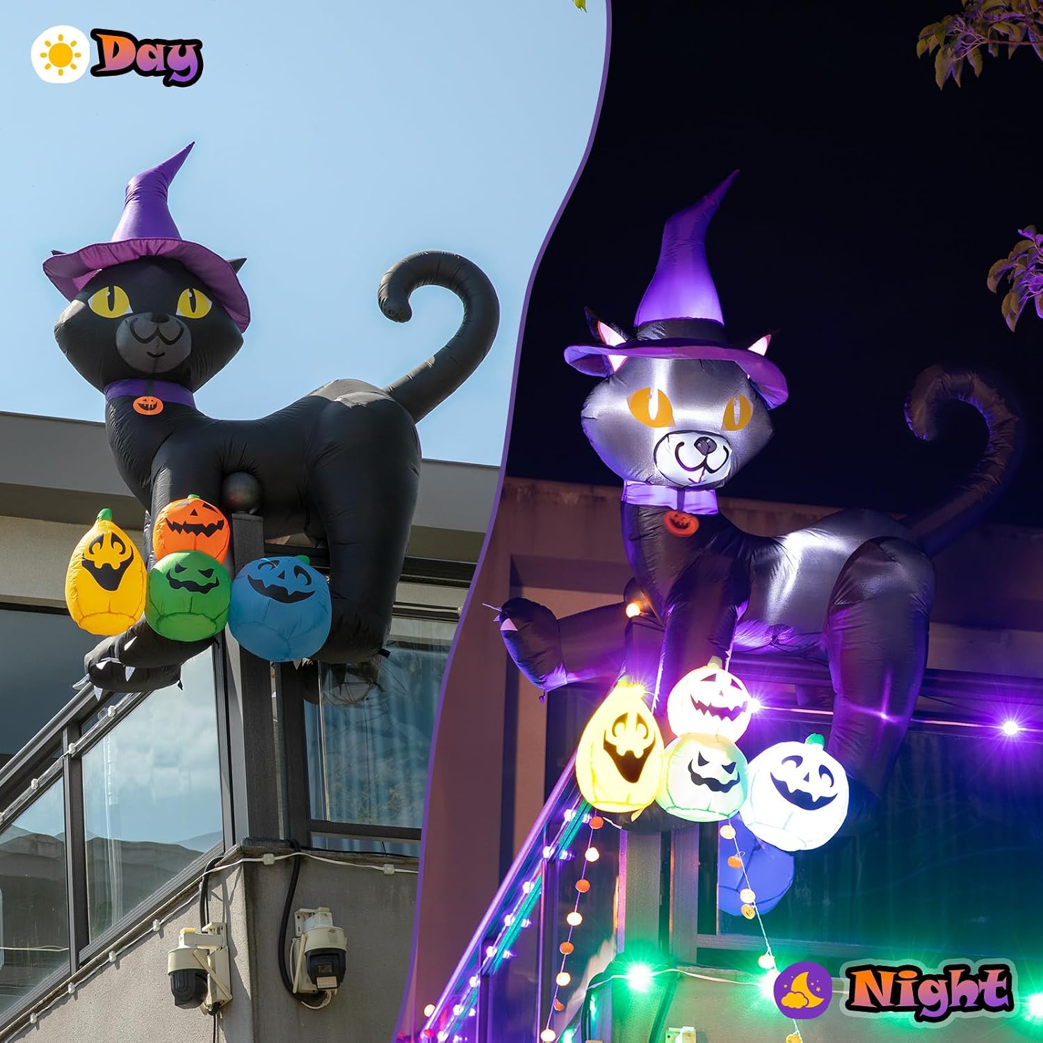 Thumbnail 6 de Dawdix 6FT Halloween Inflatable Black Cat with Witch Hat, LEDs and Pumpkins