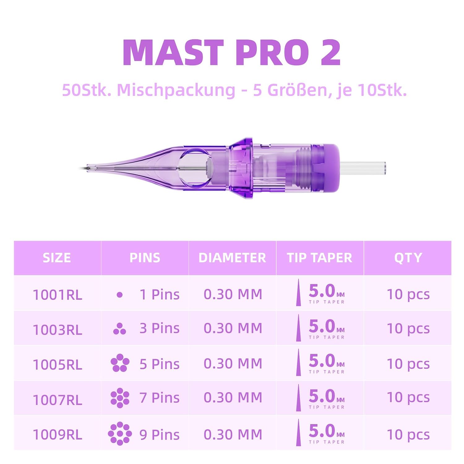 Detalle de Mast Pro2 Tattoo Nadeln Set Mixed Size 50 Stück – 0,30 mm Round Liner, 1RL/3RL/5RL/7RL/9RL