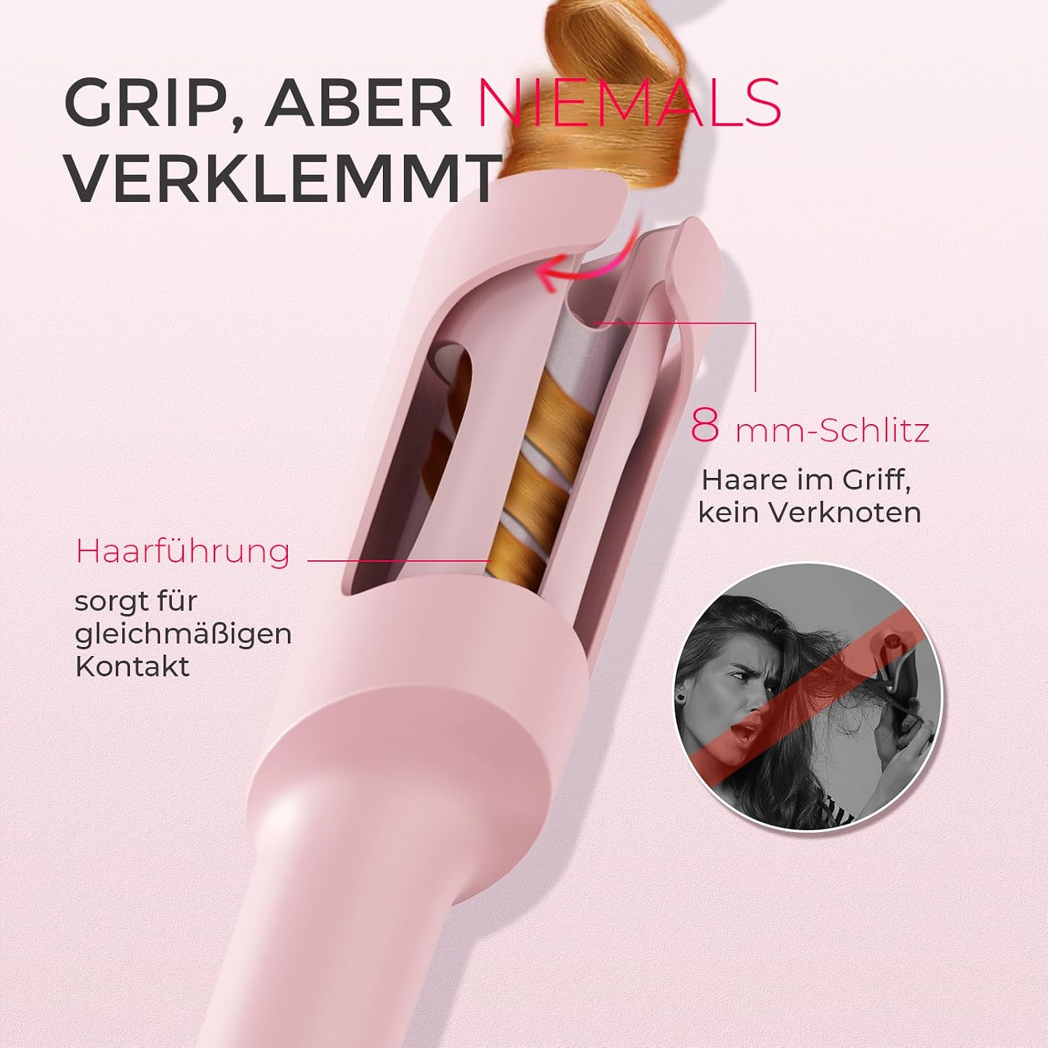 Detalle 2 de TYMO CURLPRO Lockenstab automatisch 32 mm – Locken mit drehbarer Heiztechnik, 160–210 °C, Hitzeschutz, rosa