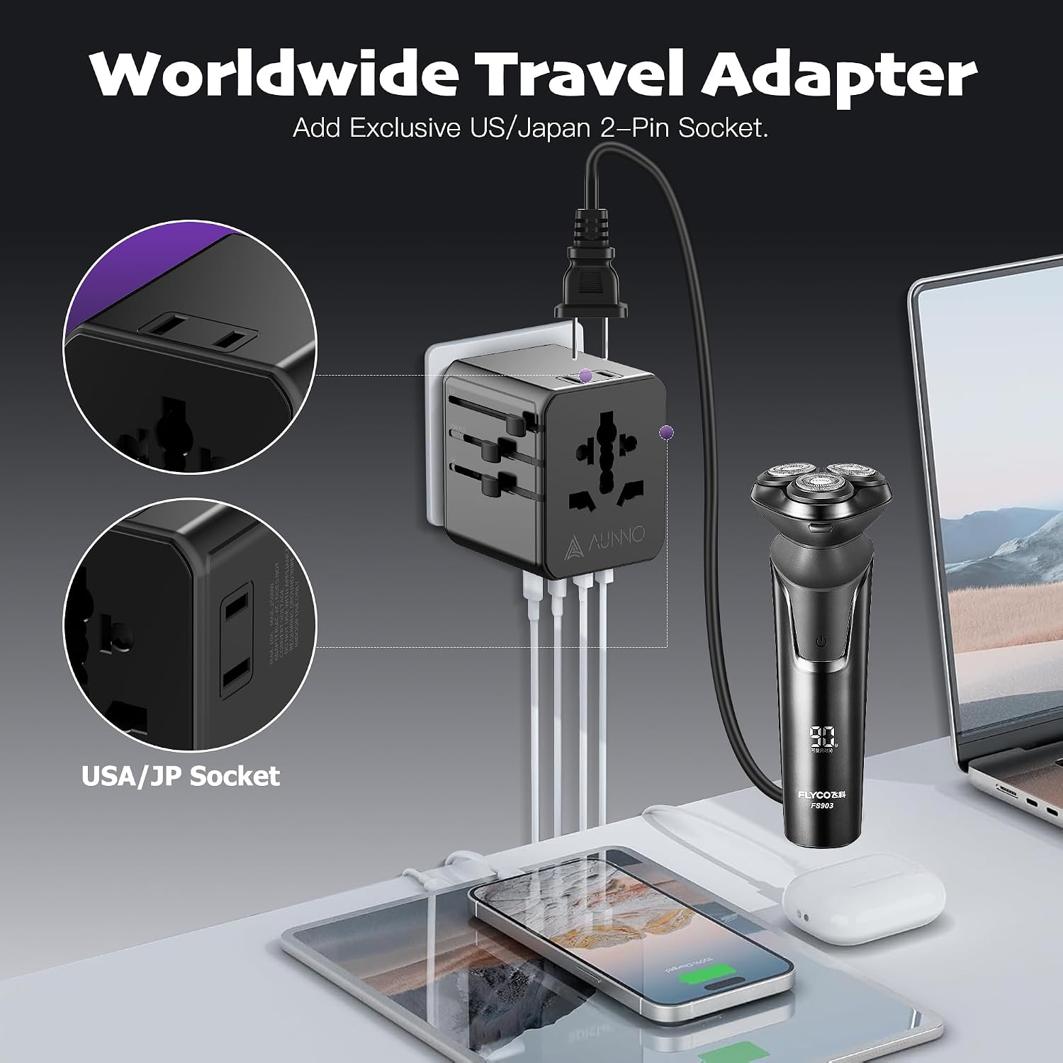 Detalle de AUNNO Universal Travel Adapter with 2 USB-C, 2 USB Ports and UK/EU/US/AU Sockets