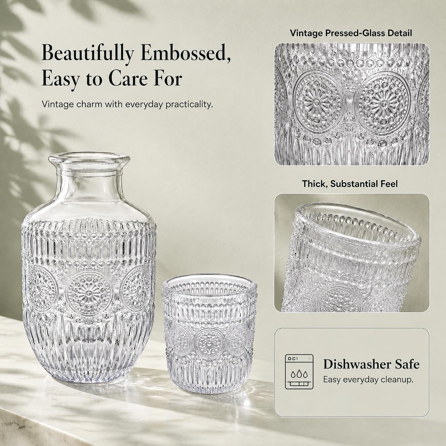 Detalle de Kingrol Vintage Bedside Glass Carafe Set, 18 oz with 5 oz Covering Tumblers