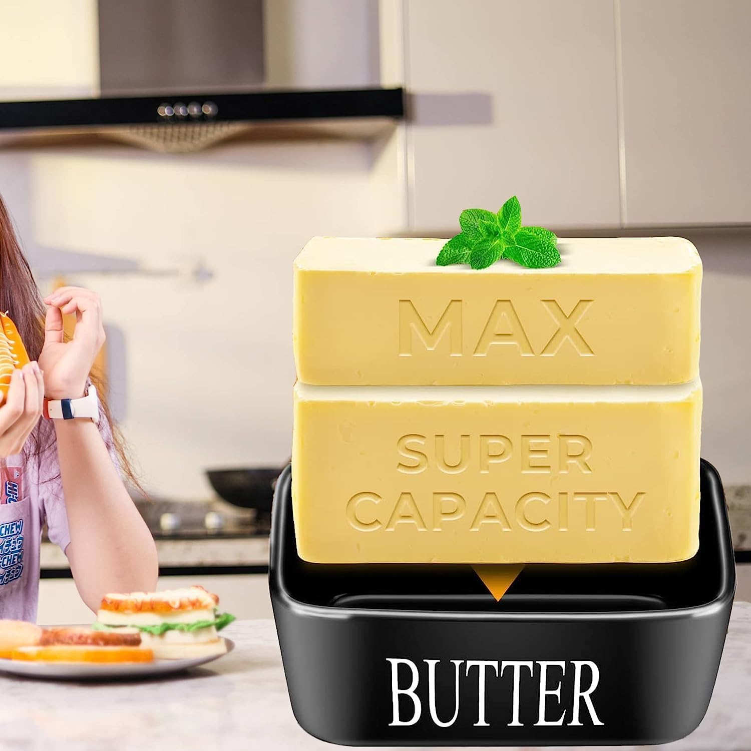 Thumbnail 2 de Ceramic Butter Dish with Wooden Lid and Knife
