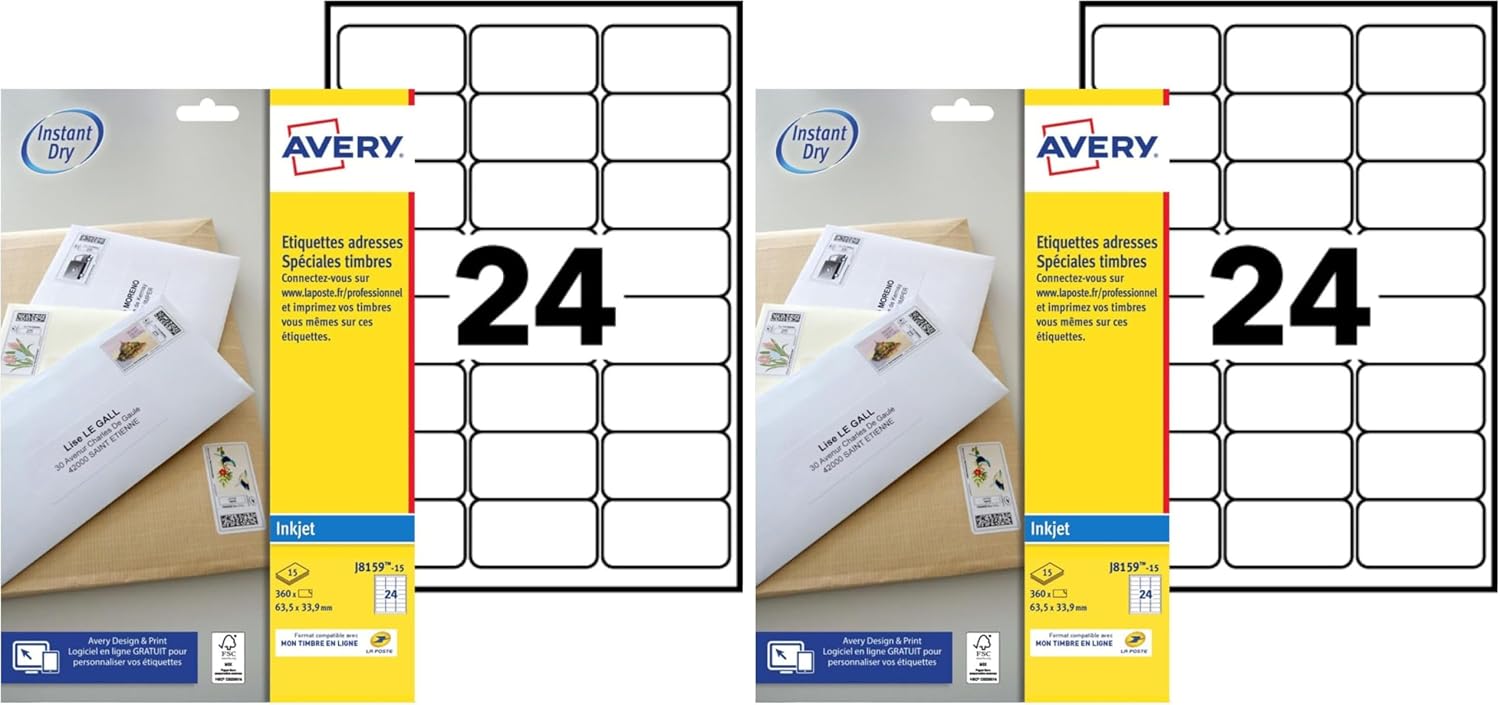 Detalle de Avery Étiquettes Autocollantes Blanches 360 Pièces 63,5x33,9 mm – Feuille A4, Jet d’Encre, FSC, Mon Timbre en Ligne
