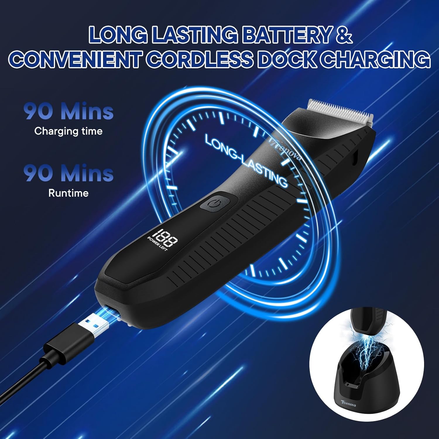 Detalle 2 de TEENOVA Pubic & Body Hair Trimmer for Men — 2-in-1 Electric Ball Groin Shaver with Ceramic Blade