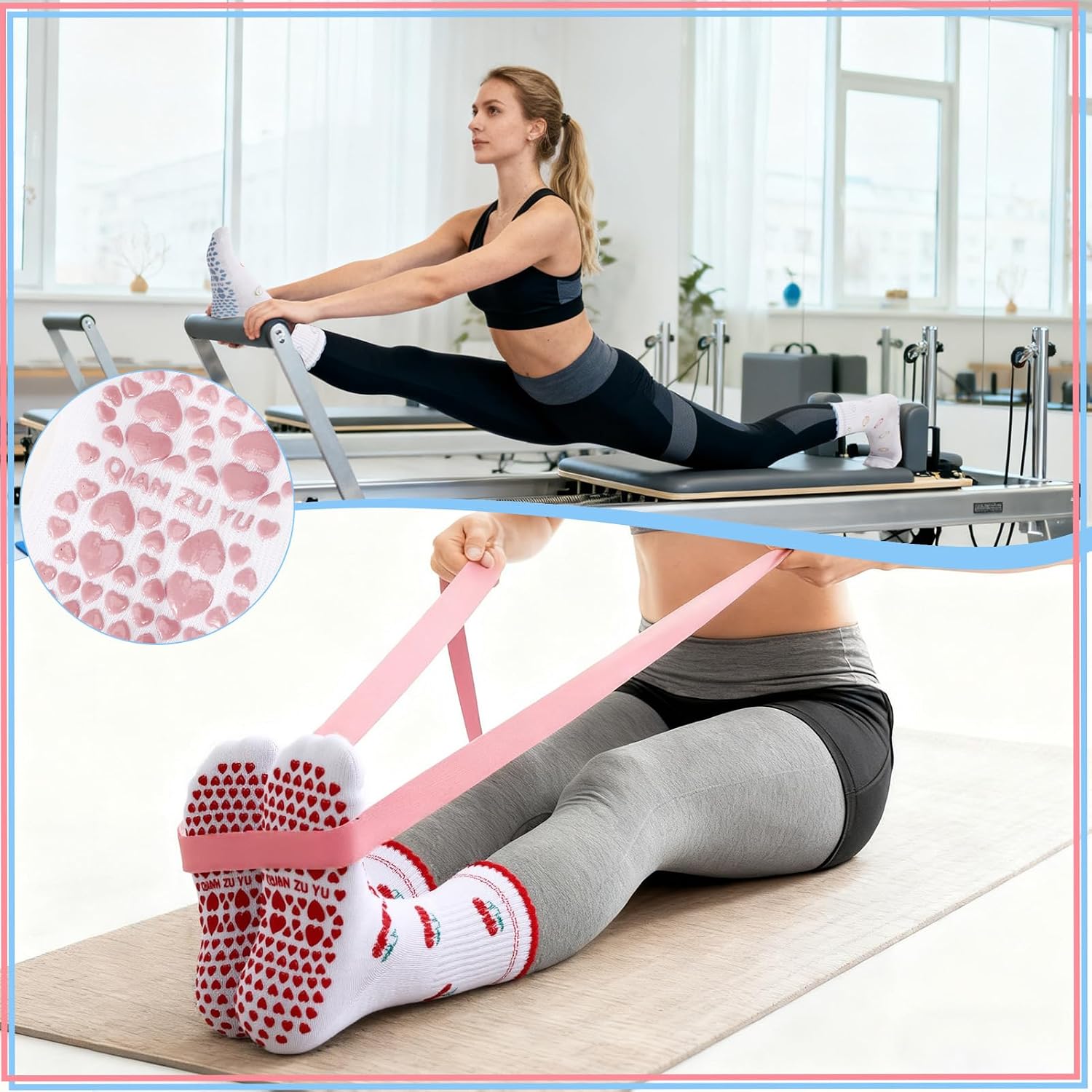 Detalle 2 de Zuimei 4 Pairs Cute Pilates Socks with Grips – Non-Slip Ruffle Yoga Reformer Socks for Home Gym, Barre, Dance and More