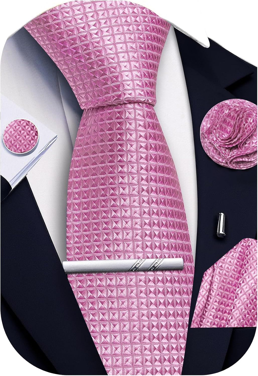 Detalle de Ailisus Men’s ties and pocket square set (plaid silk look) with cufflinks, lapel pin and tie clip – 5-piece formal accessory set