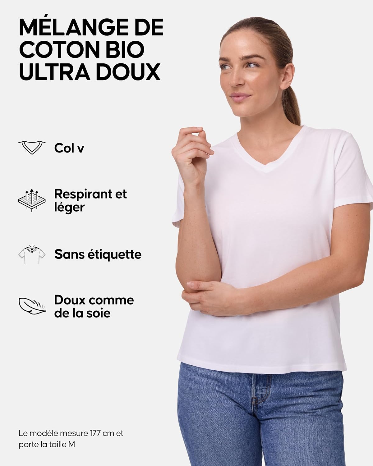 Detalle 2 de DANISH ENDURANCE T-Shirt en coton bio et modal — Col V ou Rond, Femme