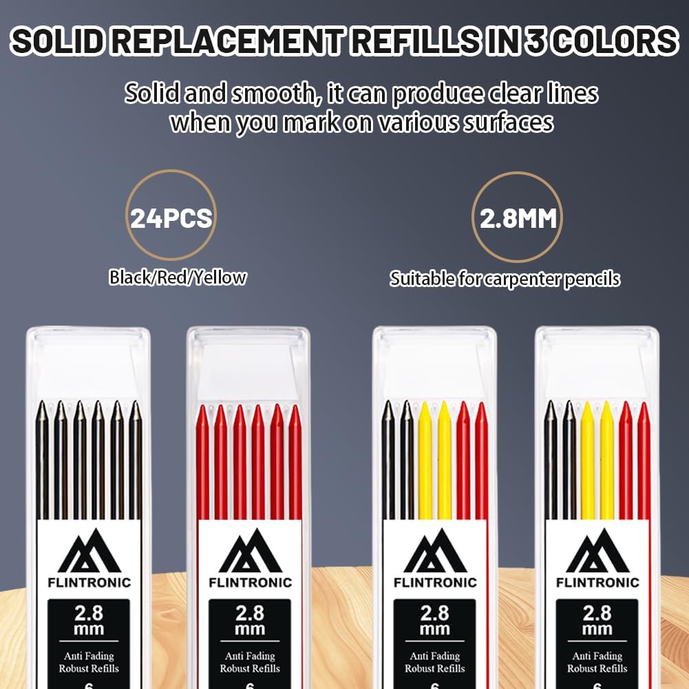 Detalle de Coffret flintronic 8 crayons de charpentier mécanique avec 26 recharges, poinçon central et outils de traçage carbure