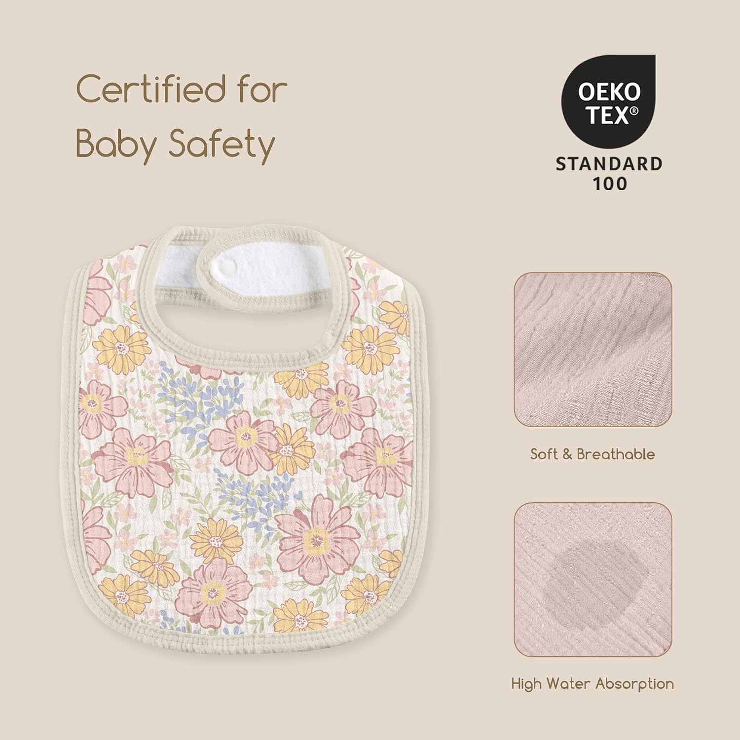 Detalle de CIVARUA KIDS 6-Pack Muslin Baby Bibs, Purple Floral, Adjustable Snaps