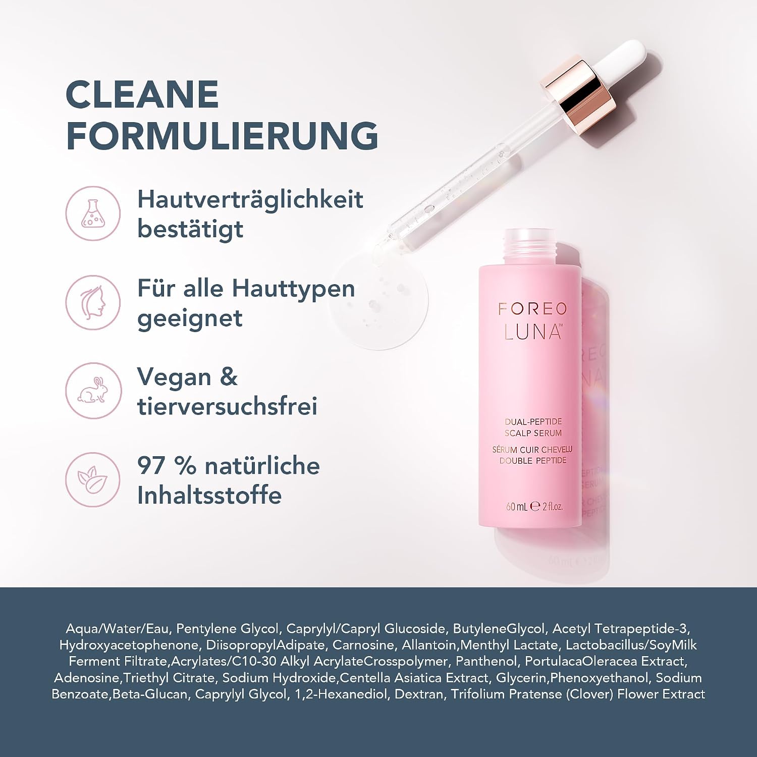 Detalle 2 de FOREO LUNA Dual-Peptid-Kopfhautserum (60 ml) – Haarwachstumsserum mit Peptidkomplex, Cica & Portulak