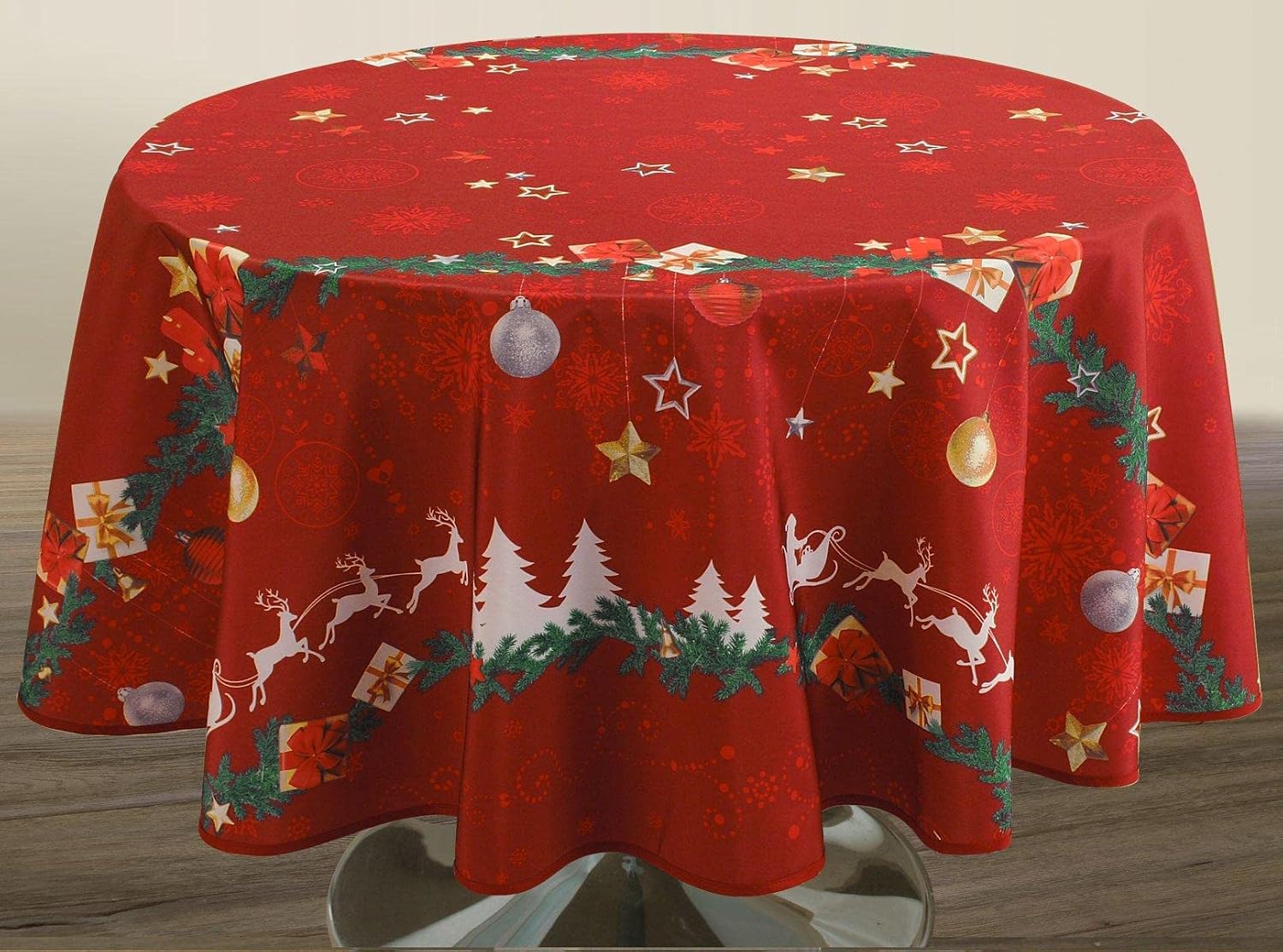 Detalle de Le linge de Jules Christmas Red Stain-Resistant Round Tablecloth, Ø 160 cm