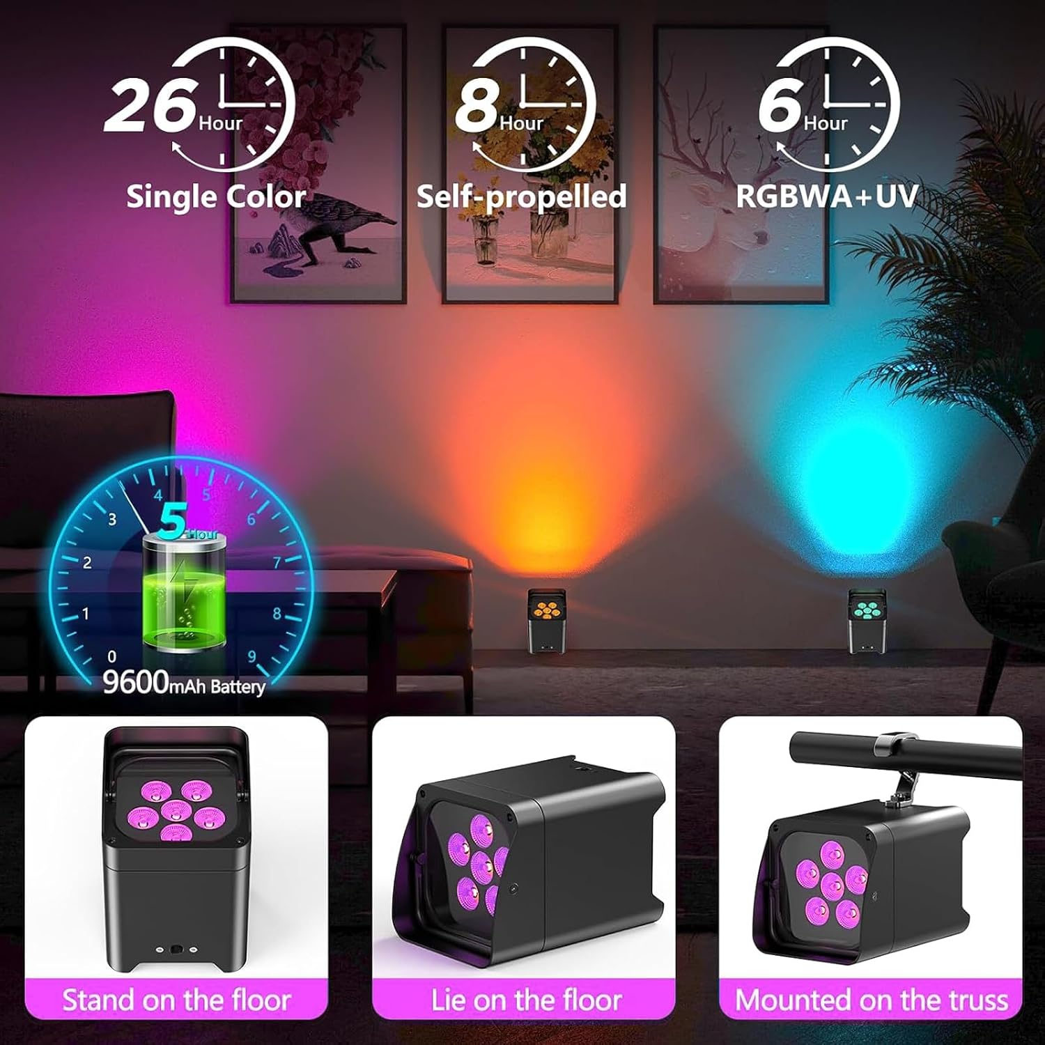 Detalle de ZEMOJ ZQ01528 Rechargeable 6-in-1 RGBWAUV LED Stage Uplights, 2-Pack