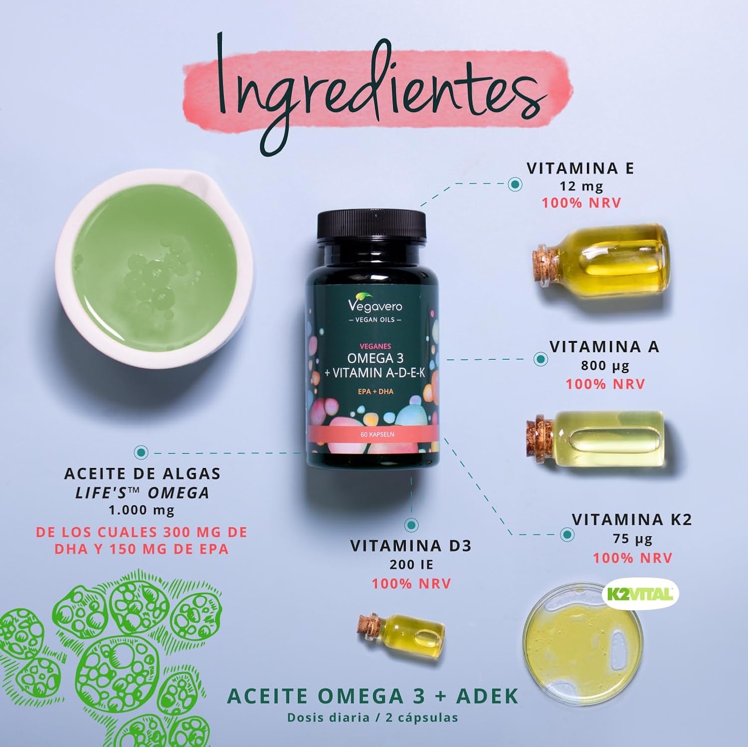 Detalle 2 de Vegavero Omega 3 EPA/DHA con Vitaminas 🌱