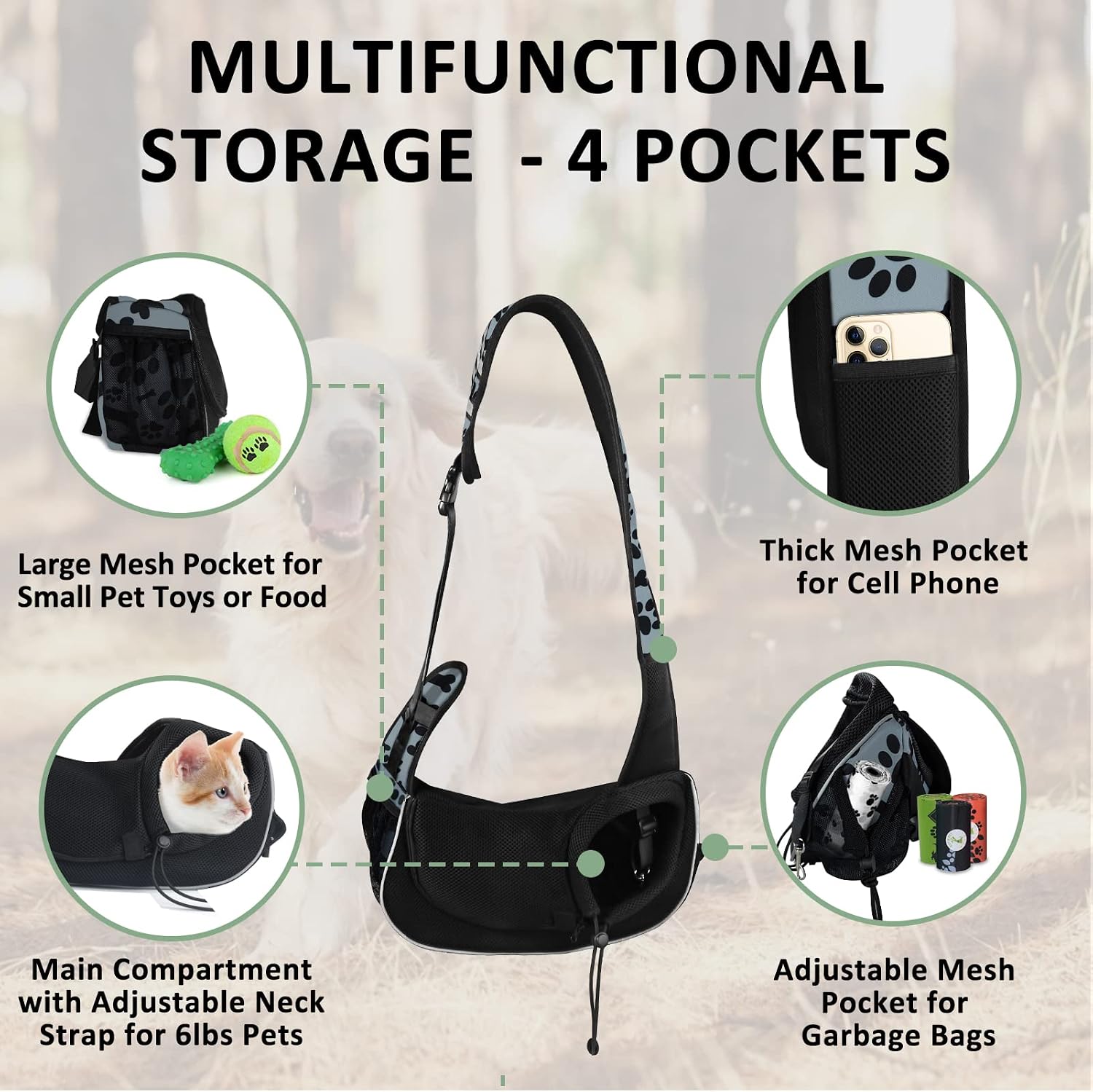 Detalle 2 de Gloppie Sac de Transport pour Chien Chat – Sac à Bandoulière Confortable et Sûr pour Petits Animaux (Motifs Patte & Os, Gris)