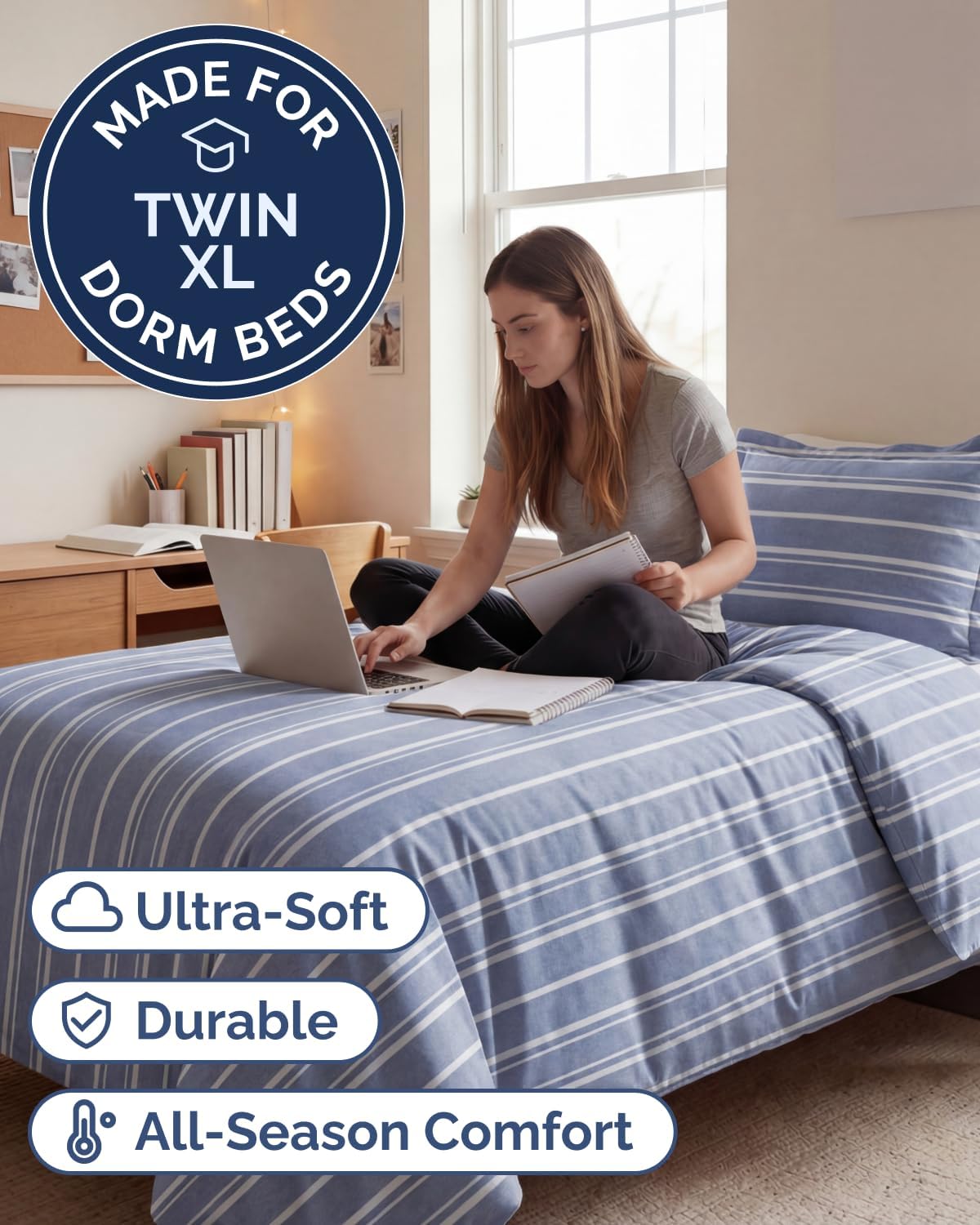 Detalle de Blue Stripes 3 Twin/Twin XL Duvet Cover (68" x 90") with Zipper Closure and Corner Ties