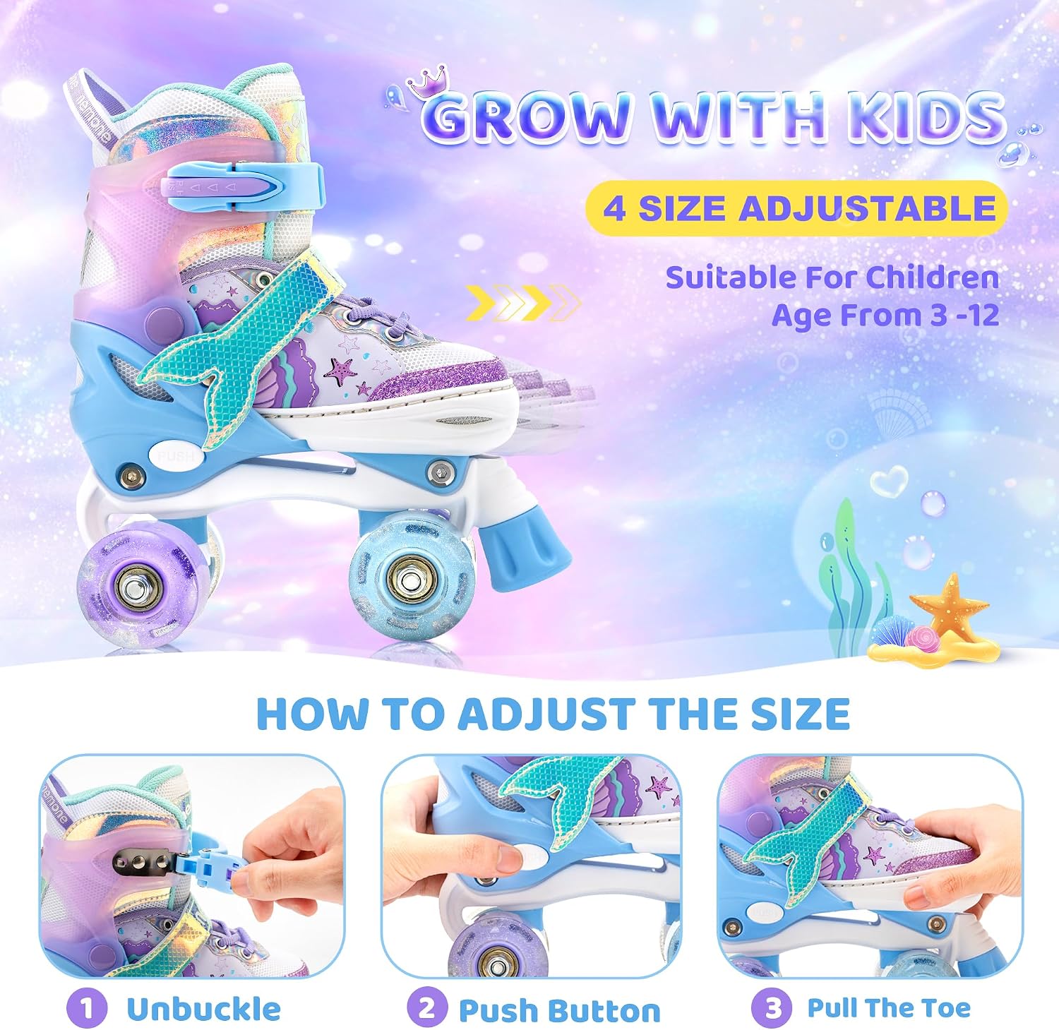 Detalle de NEMONE Mermaid 4 Size Adjustable Light Up Roller Skates for Girls