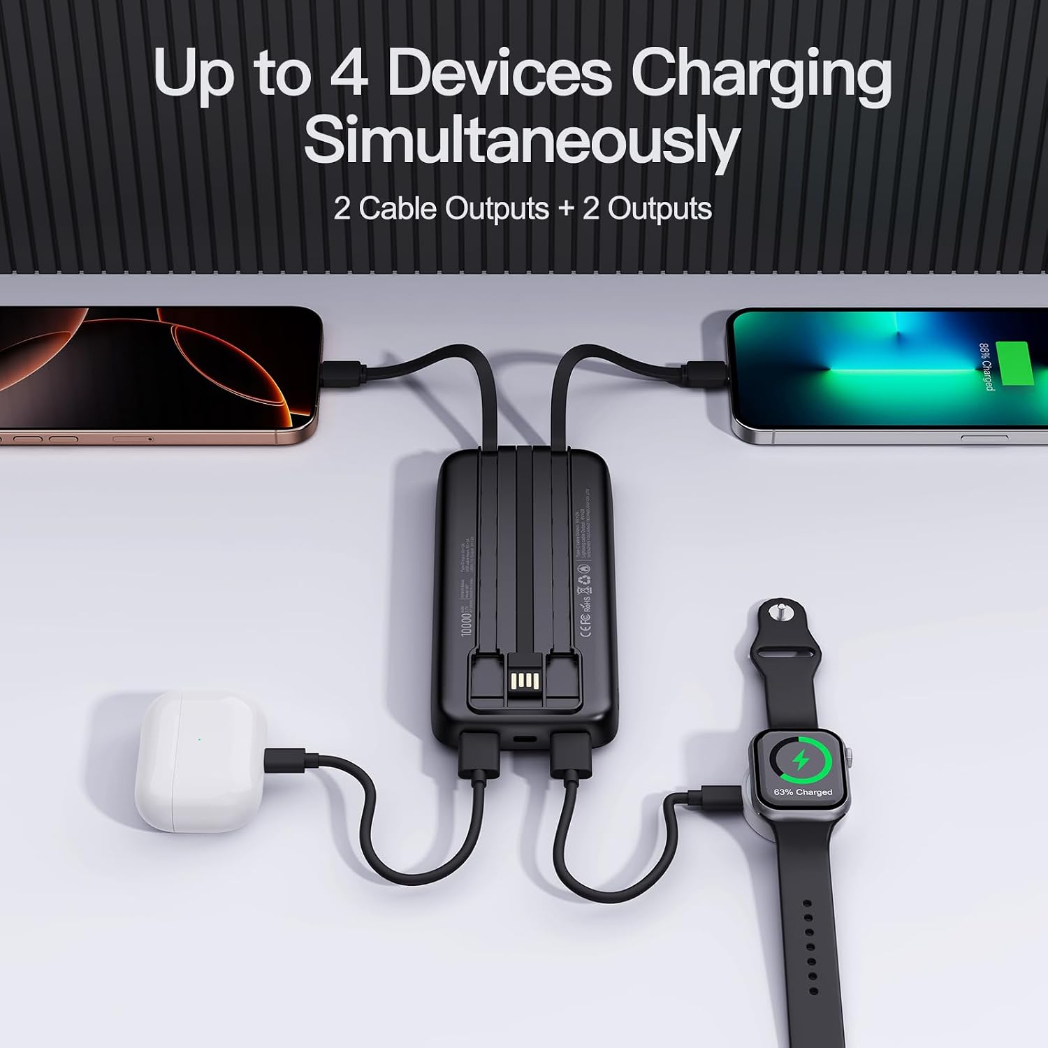 Detalle 2 de FancyBean M7 2-Pack Portable Charger, 10,000mAh, Built-In Cables