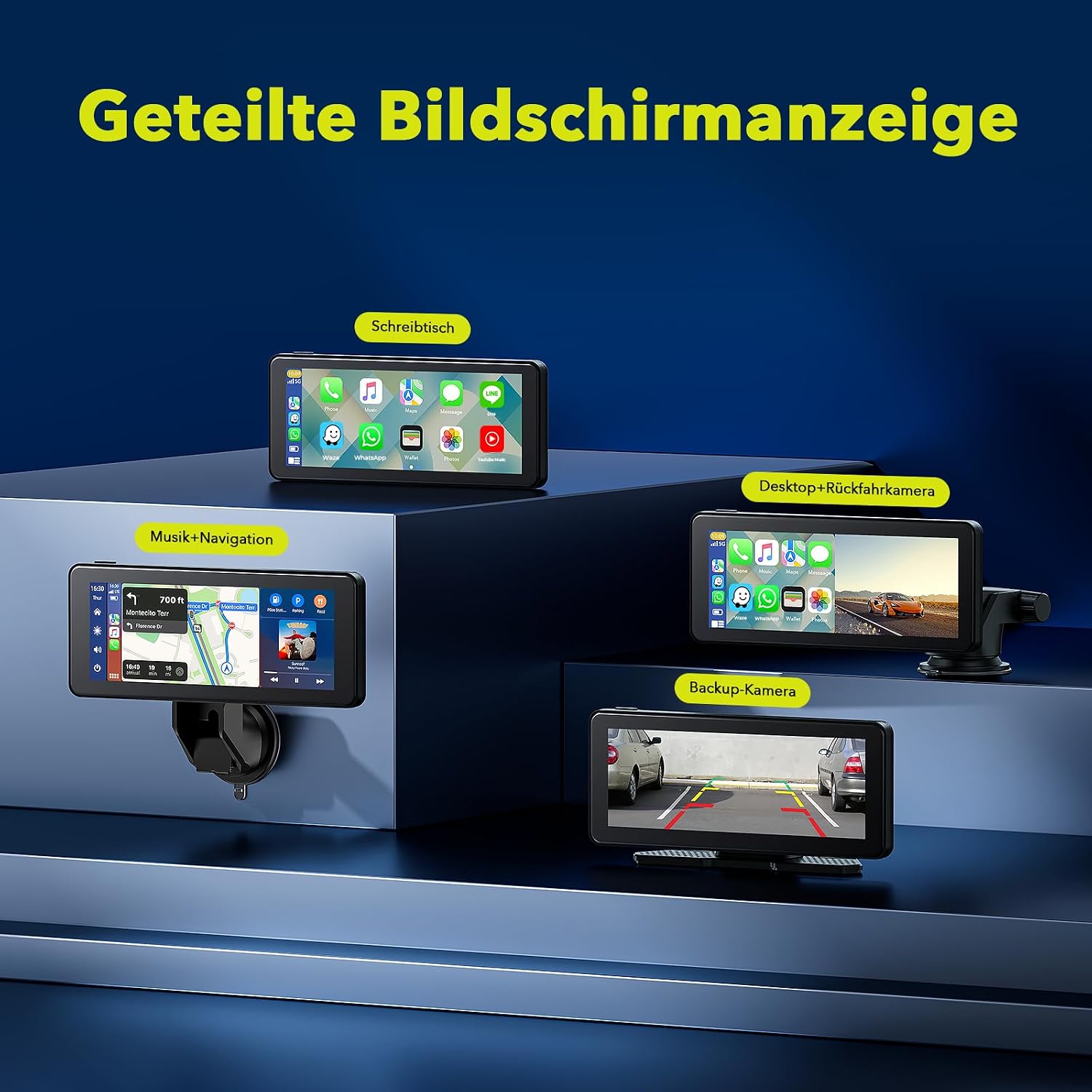 Detalle de LAMTTO Wireless Carplay Display mit Dashcam 2.5K – 6,86 Zoll | CarPlay & Android Auto, Tragbares Navi-Display