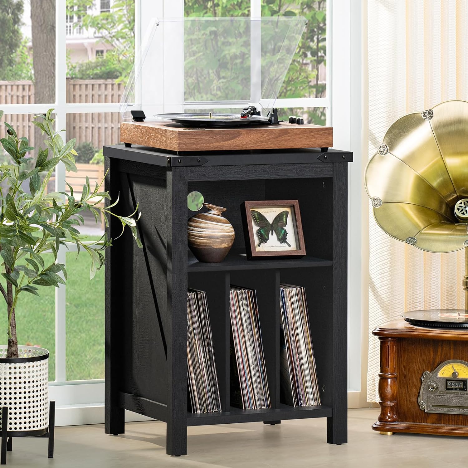 Detalle 1 de Joaxswe Model 1 Record Player Stand, Black Wood Storage for up to 160 Albums