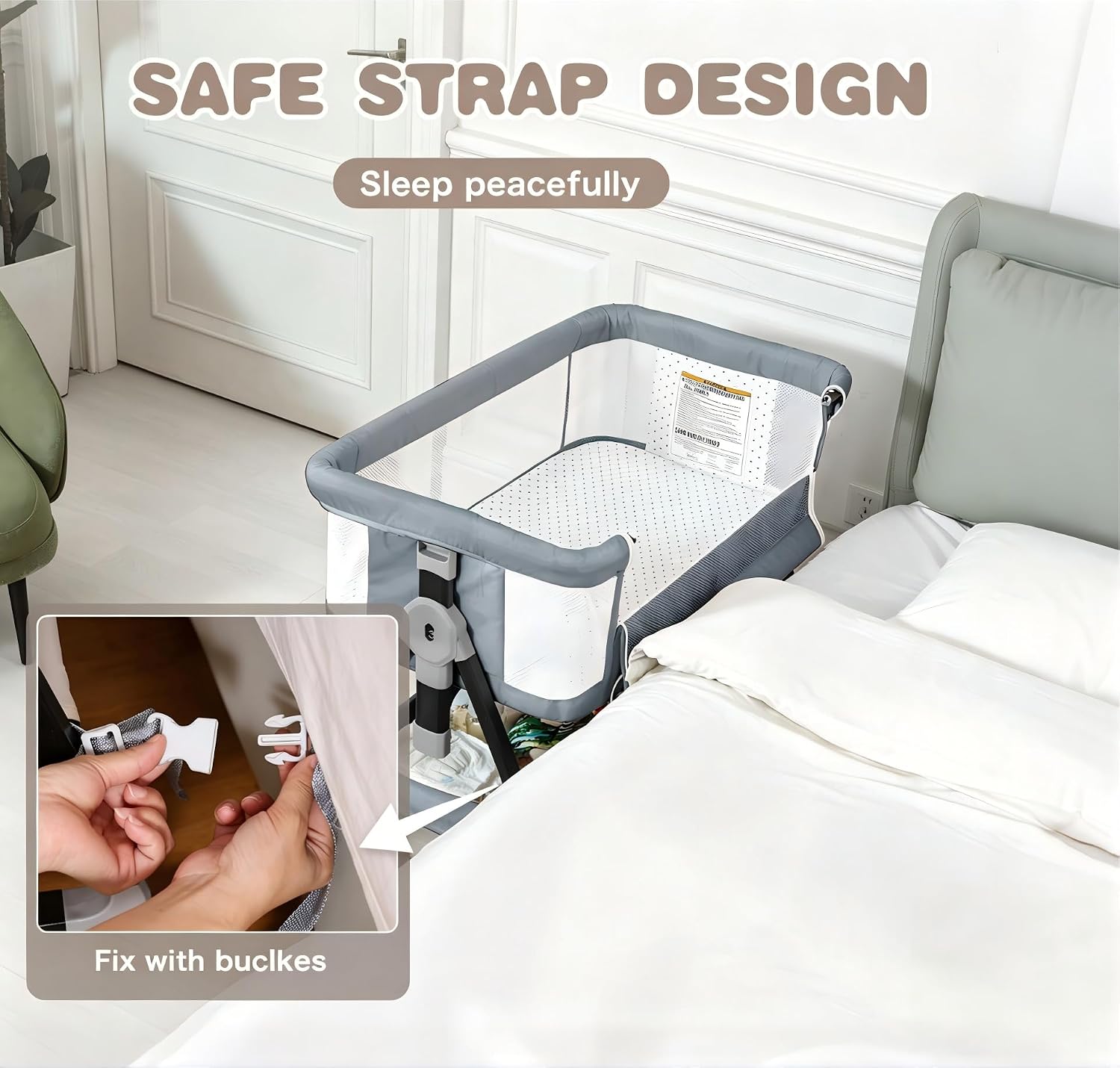 Detalle de feelogos BB-858 Bedside Bassinet with Adjustable Height and Breathable Mesh