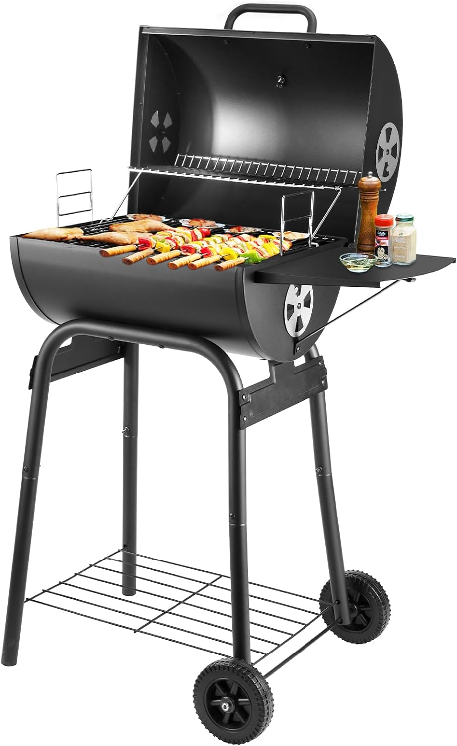 Detalle de Holzkohlegrill-Kesselwagen mit Deckel – großer Fass-Grill, Thermometer, Grillrost & Warmhaltegitter
