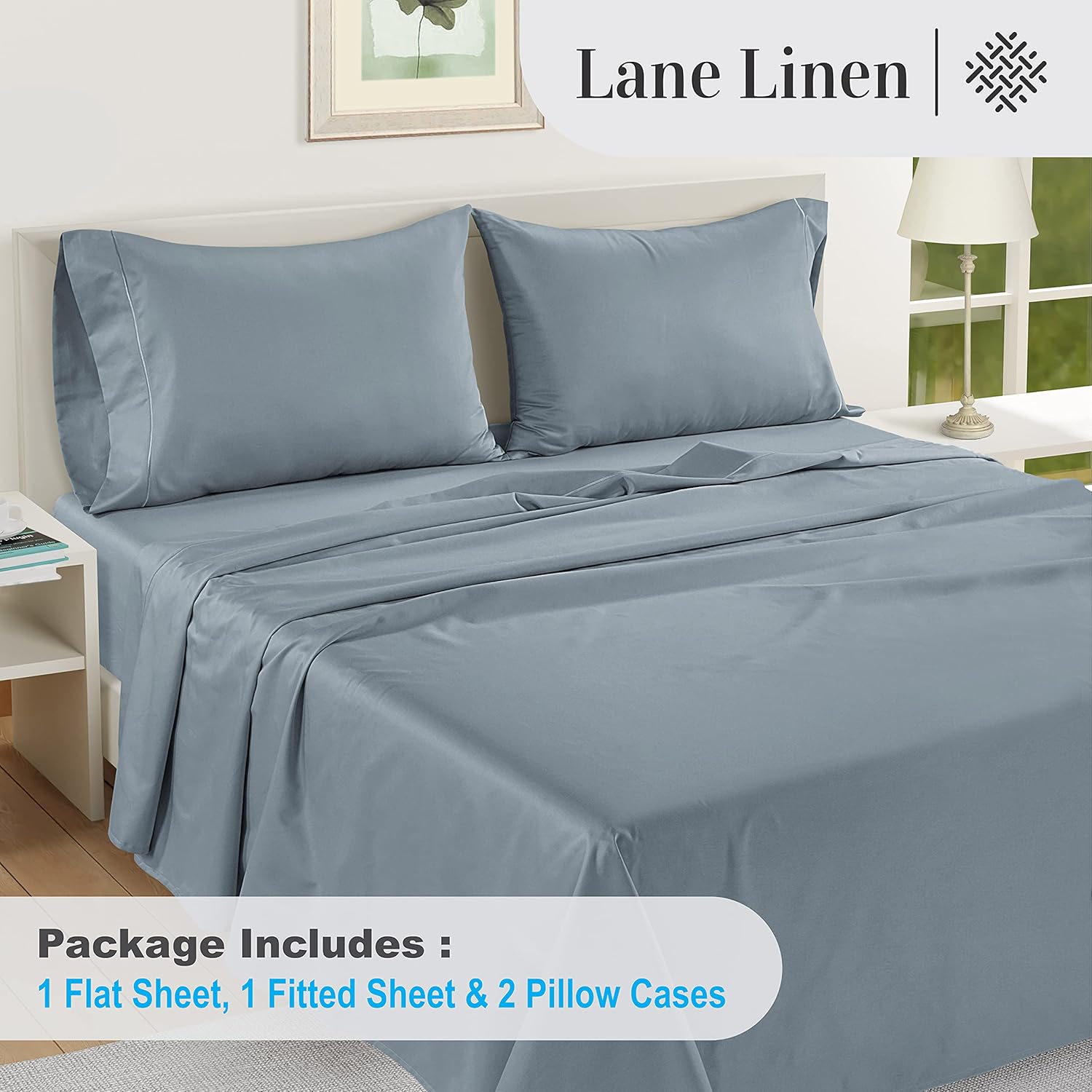 Thumbnail 3 de LANE LINEN 1000TC4PCSOECKSS-FBL King Sheet Set, 1000 TC Egyptian Cotton