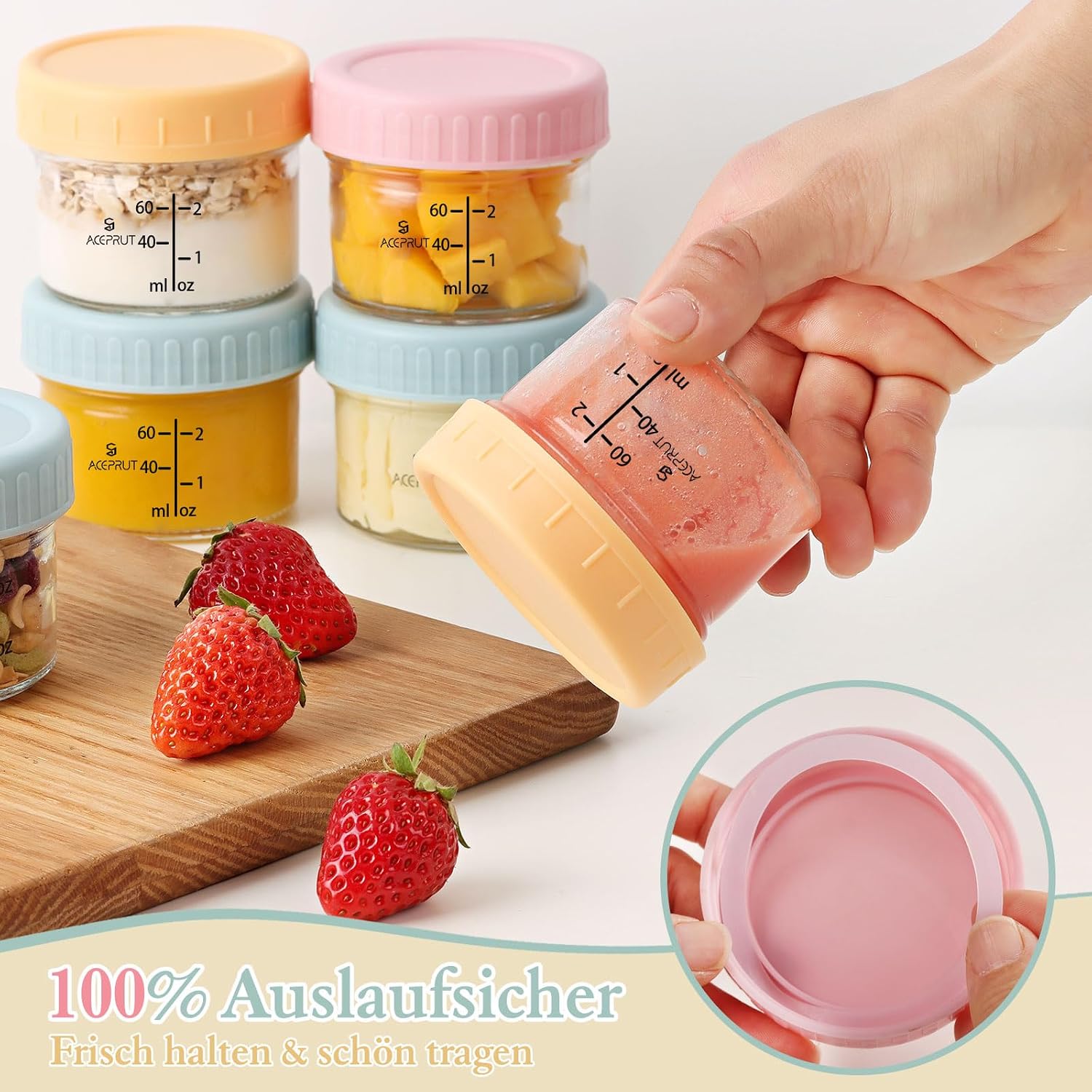 Detalle 2 de ACEPRUT 14 Stück Glas Babybrei Einfrieren Behälter 60ml/200ml