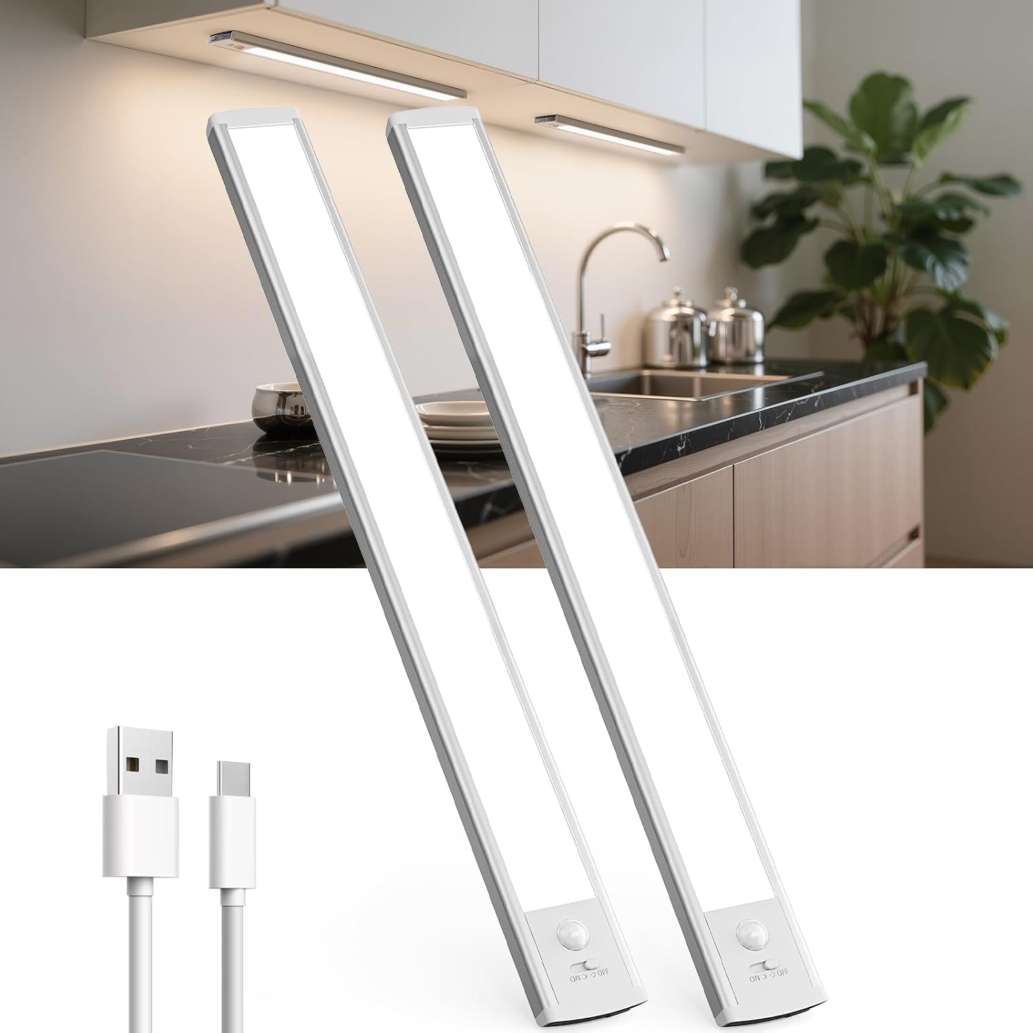 Detalle de TANSOOL+ LED-Schrankbeleuchtung mit Bewegungsmelder, USB‑C aufladbar (2er-Set, 50 cm)