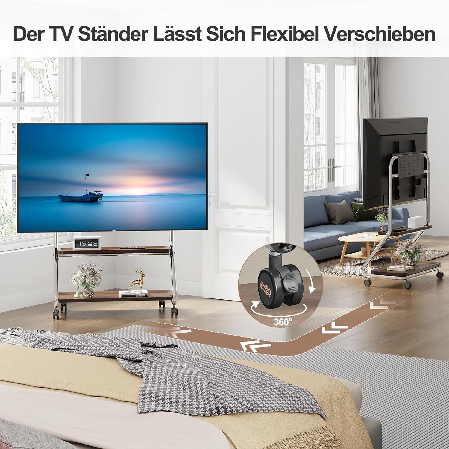 Detalle de TV-Ständer mit Rollen für 40–75 Zoll Fernseher bis 50 kg – höhenverstellbar, universell, Silber