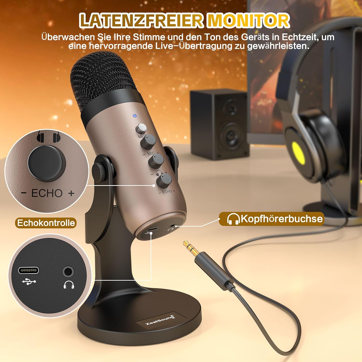 Detalle de ZealSound K66 USB Kondensator-Mikrofon – Gold, Plug & Play für PC, Laptop, Handy
