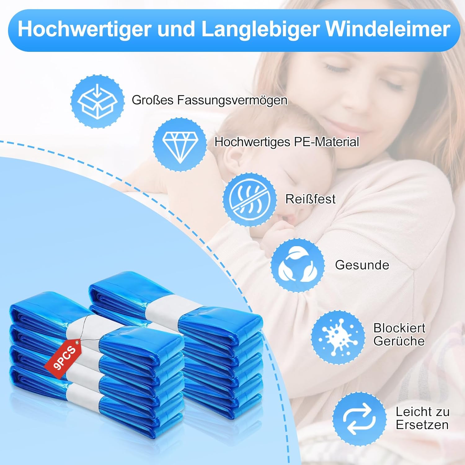 Thumbnail 1 de 9 Stück Windeleimer Nachfüllkassetten – Nachfüllbeutel für Windeleimer & Katzenstreueimer (4,5 m)