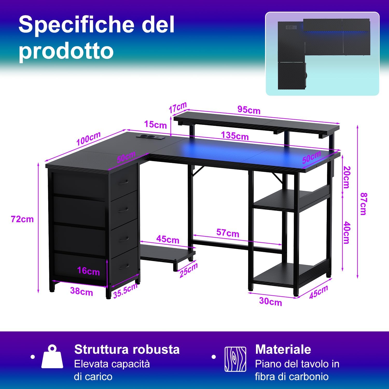 Thumbnail 1 de JUMMICO Scrivania Angolare a Forma di L 135 cm con Luci LED – Nero