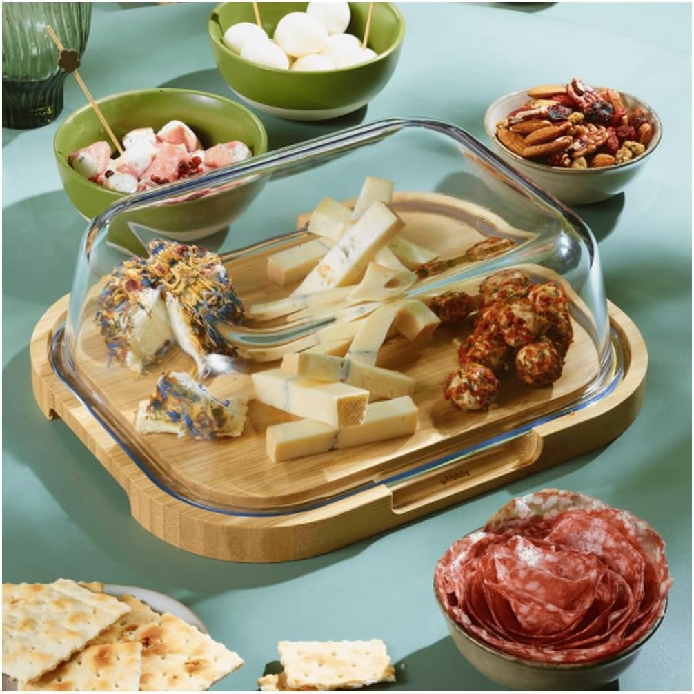 Detalle de Pebbly Käsebox mit Glasglocke und Bambustablett – 27 x 21,5 x 9,5 cm, für 3–4 Käsesorten