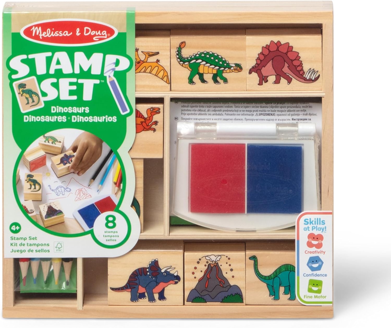 Melissa & Doug Jeu de Timbres Dinosaure en Bois – 9 timbres, tampon d’encre bicolore et 5 crayons