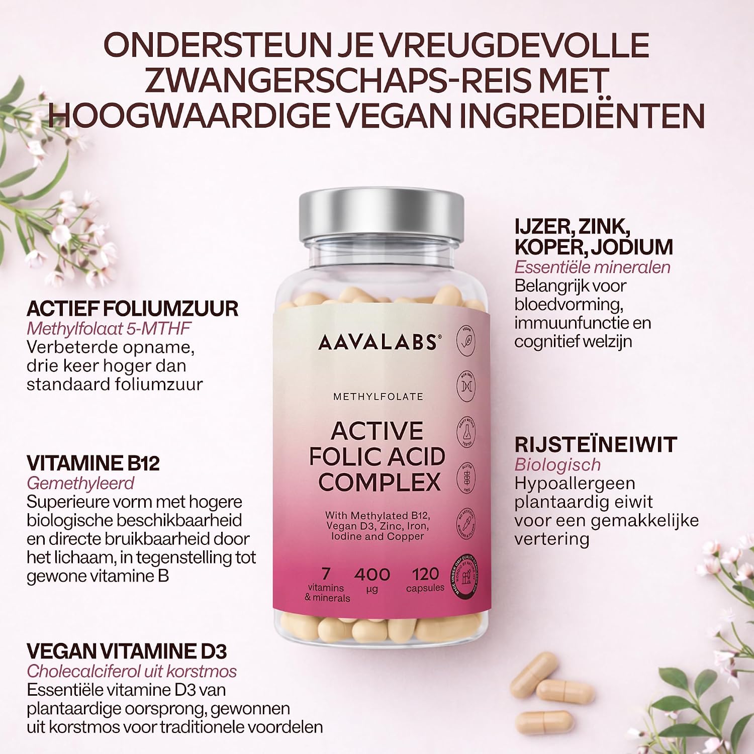 Detalle 2 de AAVALABS zwangerschapssupplement met 400 µg methylfolaat en vegan vitamine D3