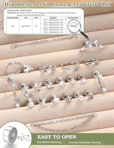 Thumbnail 3 de CASSIECA 21Pcs Helix-/Tragus-Piercing Set – Ohrschmuck aus chirurgischem Stahl mit 18K-Goldbeschichtung