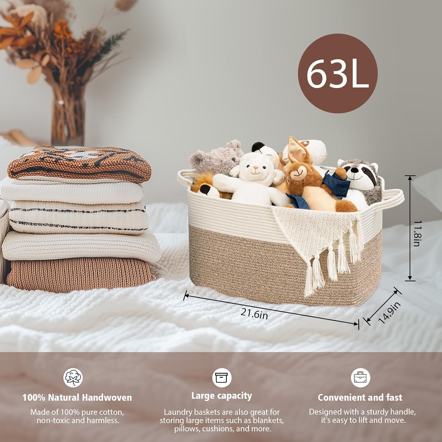 Detalle de Large Foldable Woven Cotton Laundry Basket with Handle (Brown & White), 55 x 38 x 30cm
