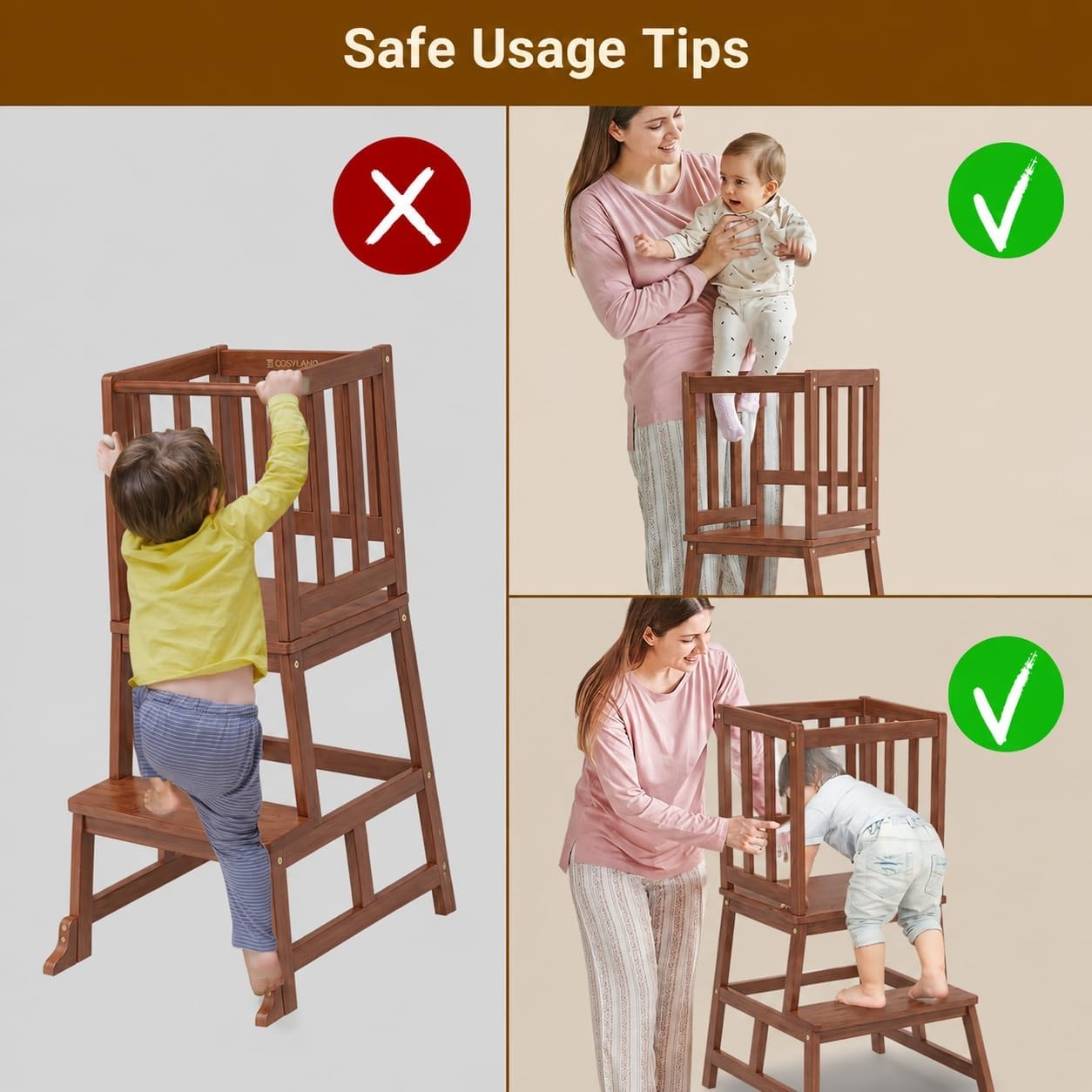 Detalle de COSYLAND Toddler Standing Tower for Kitchen – Wooden Learning Stool in Brown