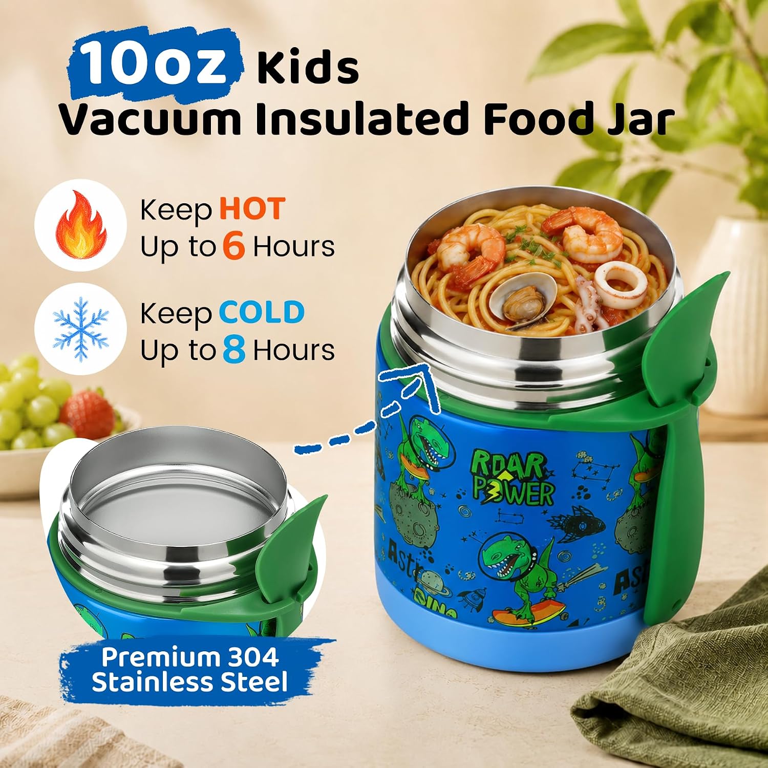 Detalle 2 de Blue-dinosaur 10oz Insulated Food Jar for Kids 🍱