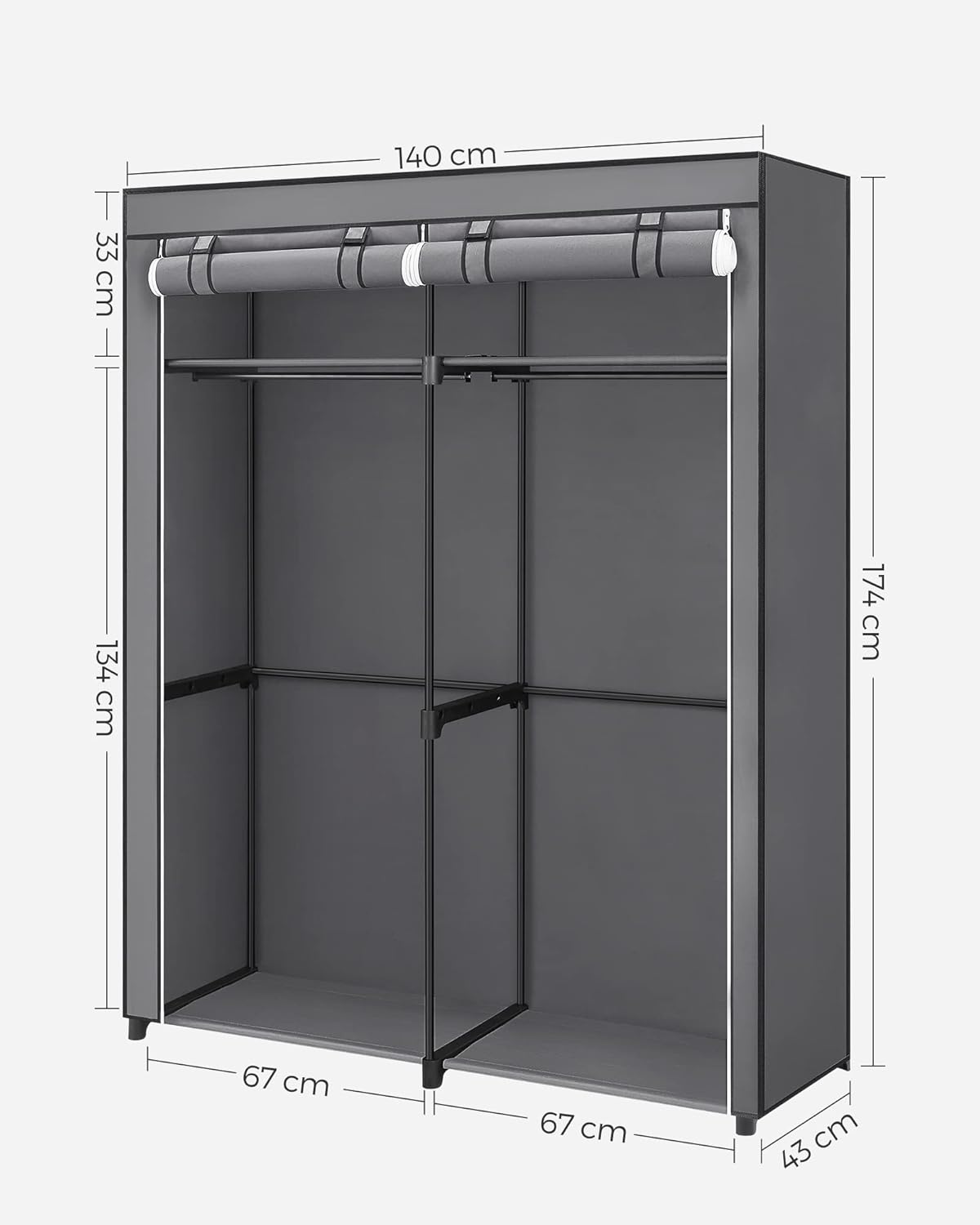 Detalle de SONGMICS Armadio Portatile in Tessuto con 2 Barre Appendiabiti – Grigio, 140 × 43 × 174 cm