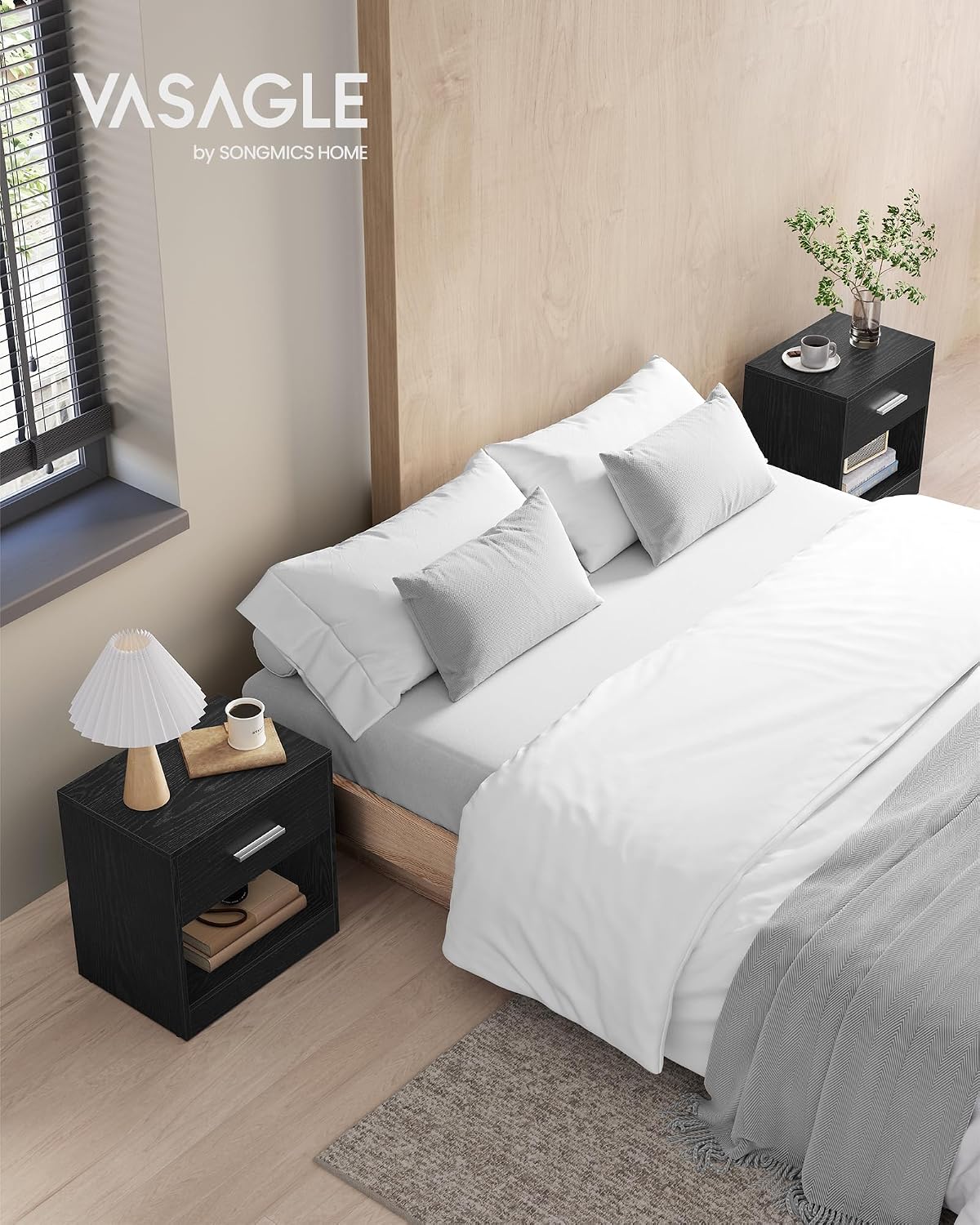 Detalle 2 de VASAGLE LET819T56 set of 2 bedside tables, black, with drawer and open shelf